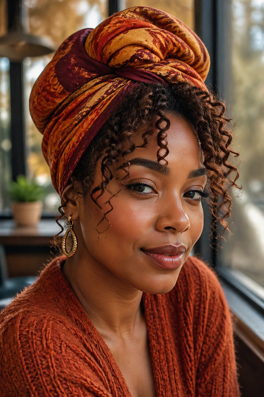 Real person wearing a colorful head wrap with leave-out curls at the front