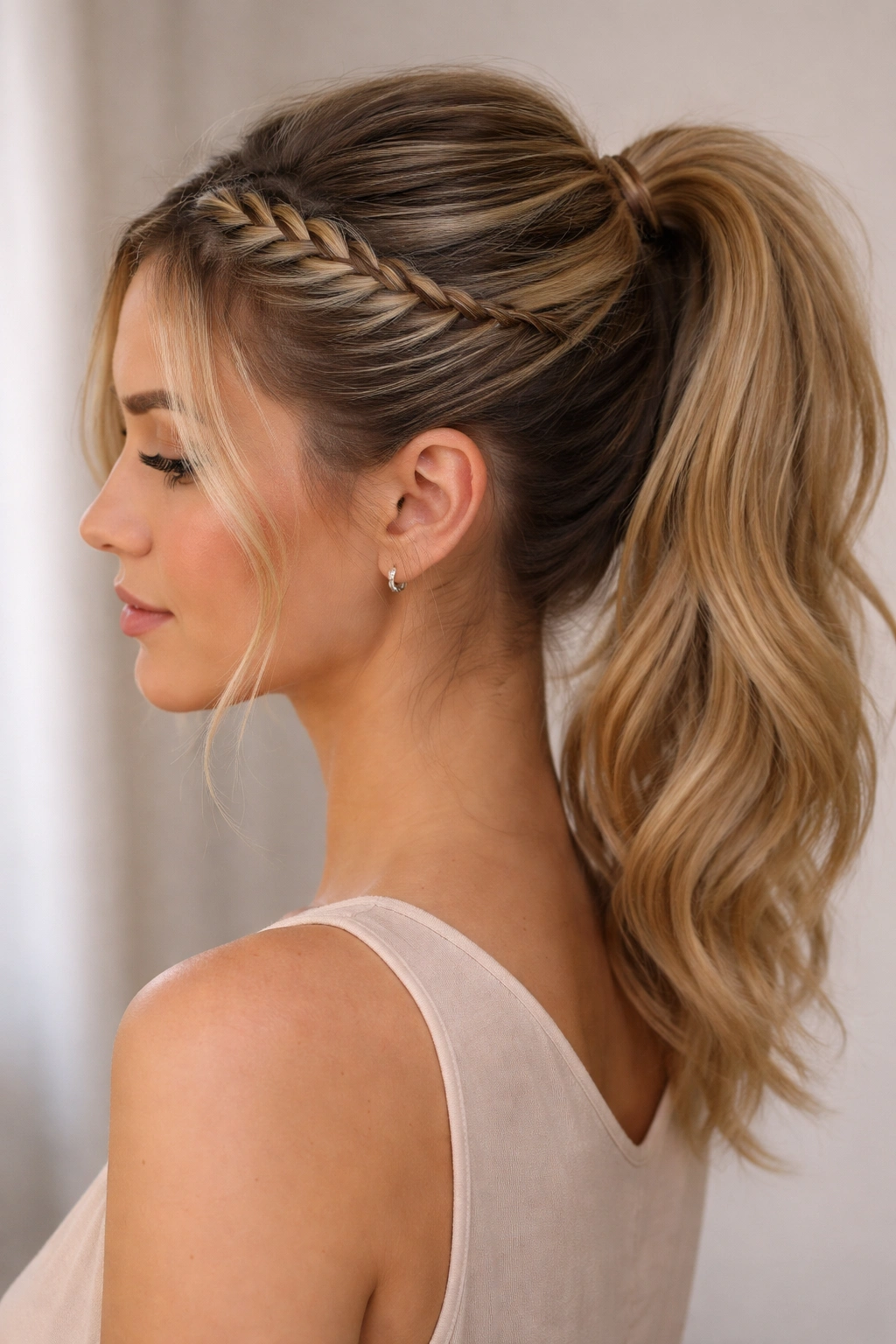 Close-up of Headband Braid Pony showing a braid along the hairline pinned and a sleek ponytail.