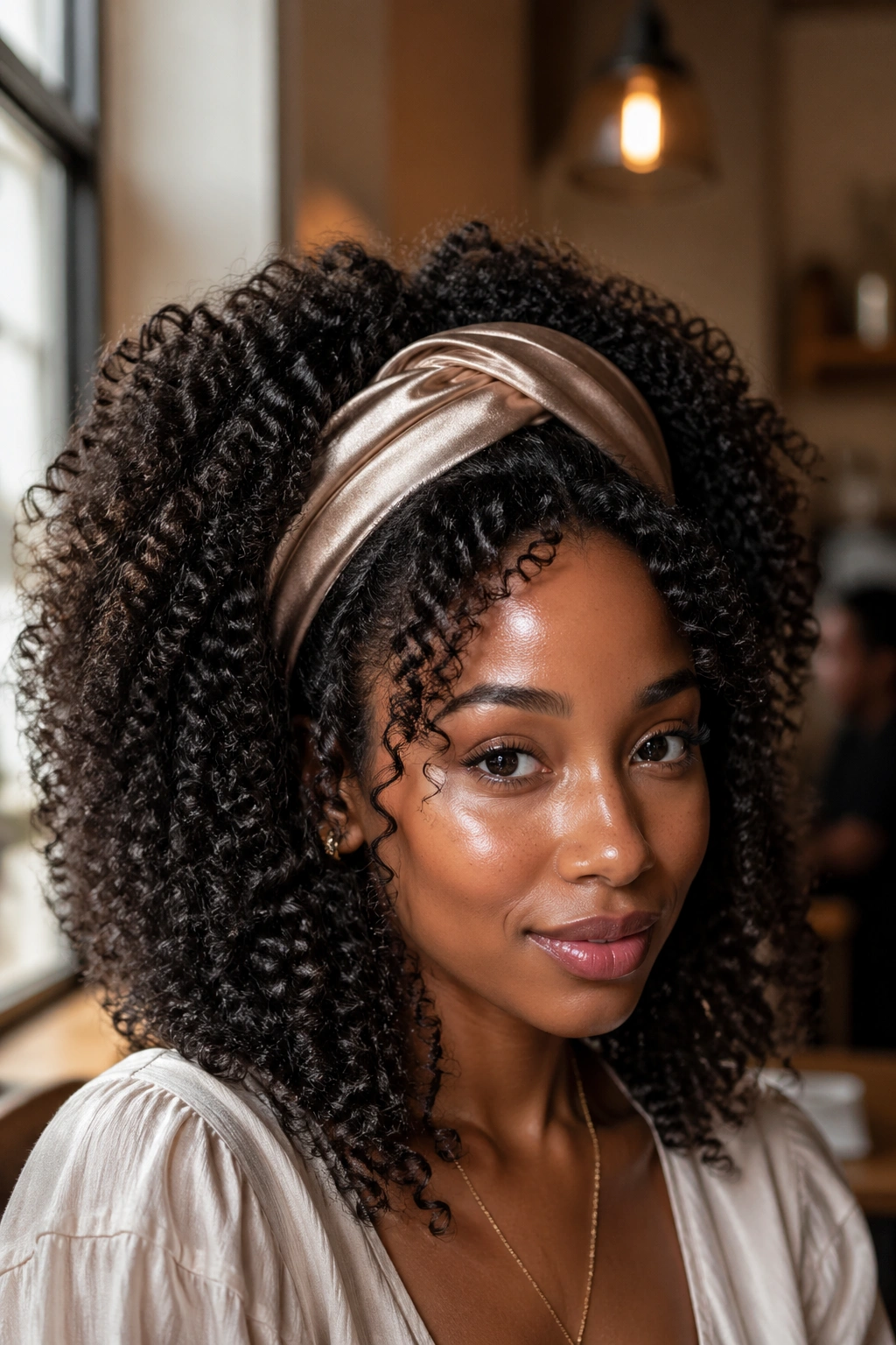 Close-up of a real woman with brushed-out curls and a wide satin headband