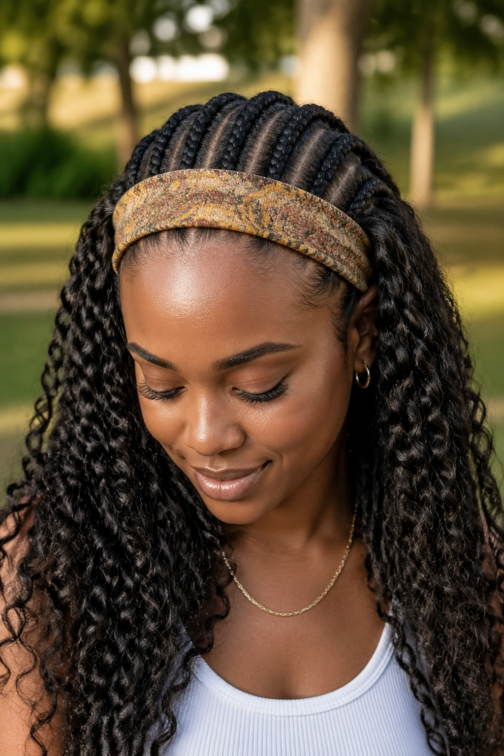 Close-up of half cornrows with a wide headband at the boundary on a real woman.