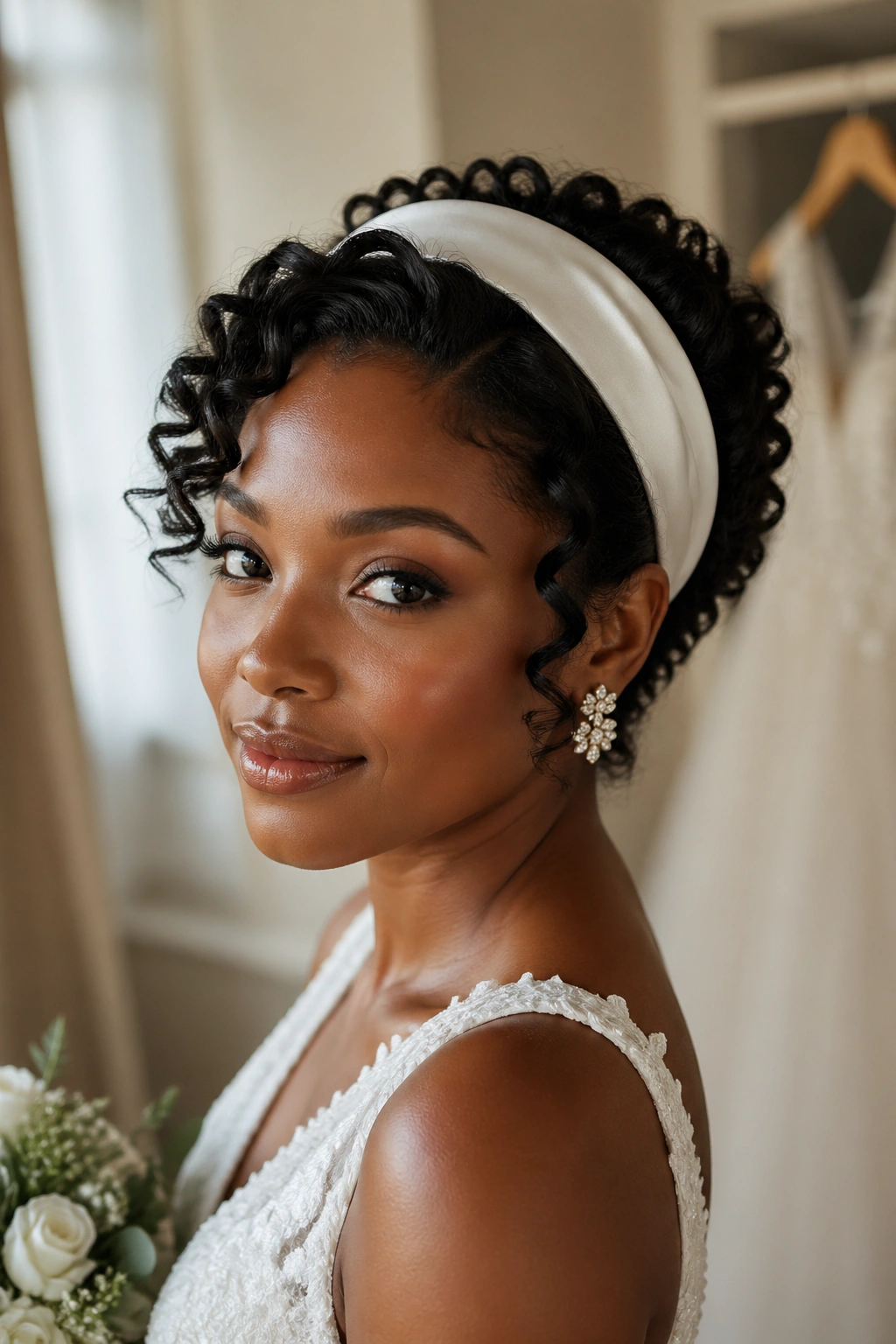 Bride wearing a wide satin headband with curly hair