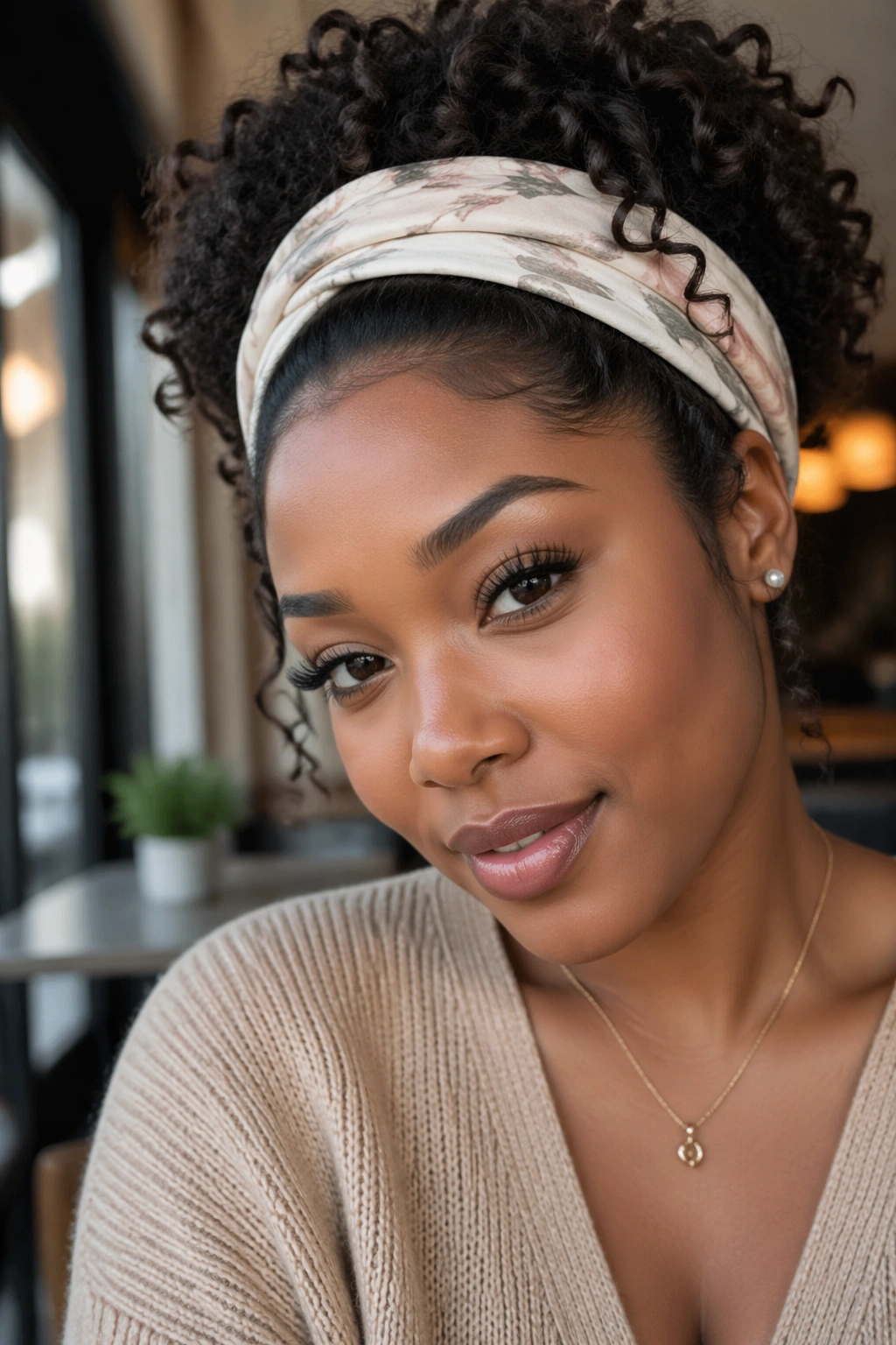 Close-up portrait of a real woman with curly wig and wide headband across the hairline