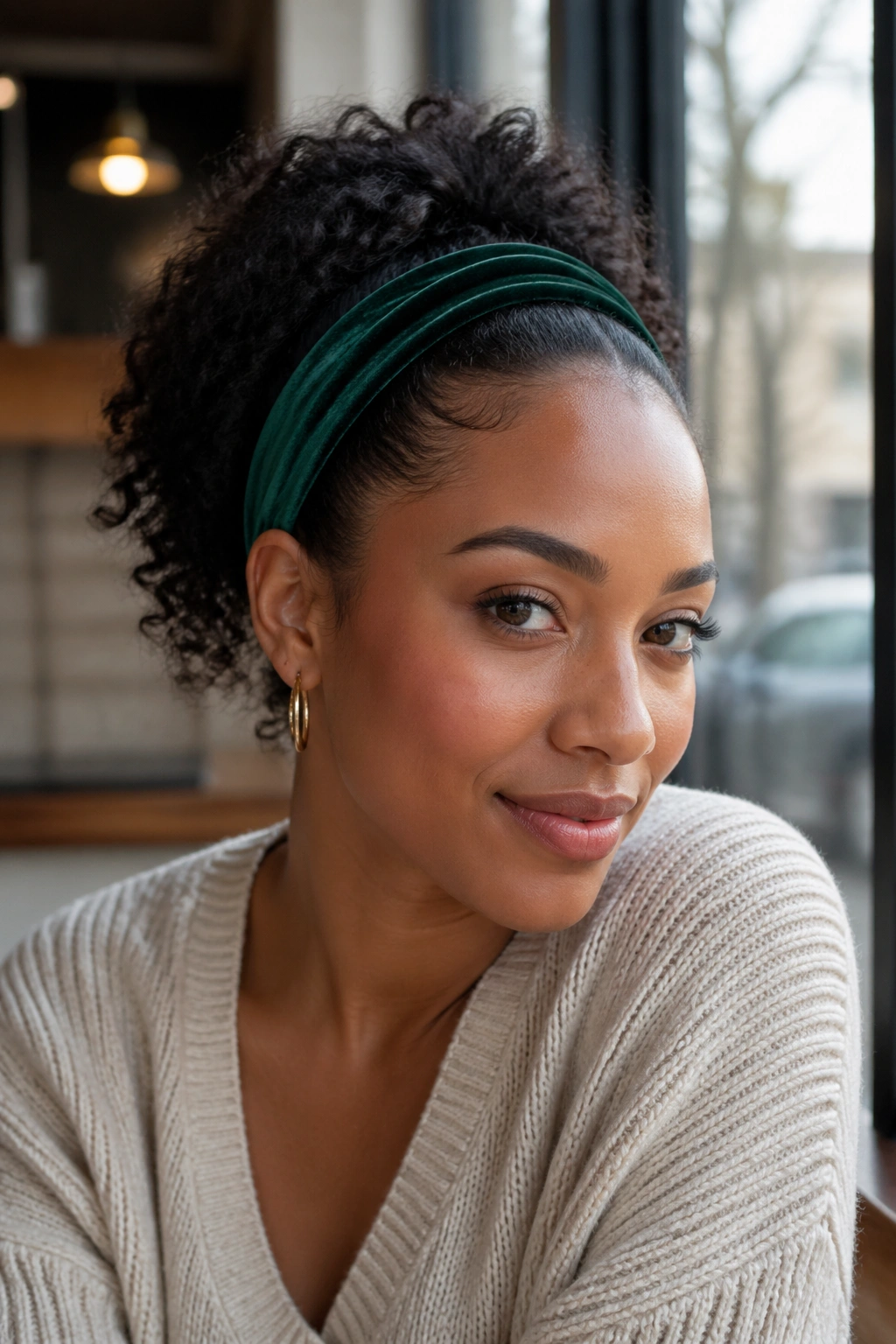 Close-up portrait of a real woman with curls pushed back by a wide headband and edges laid.