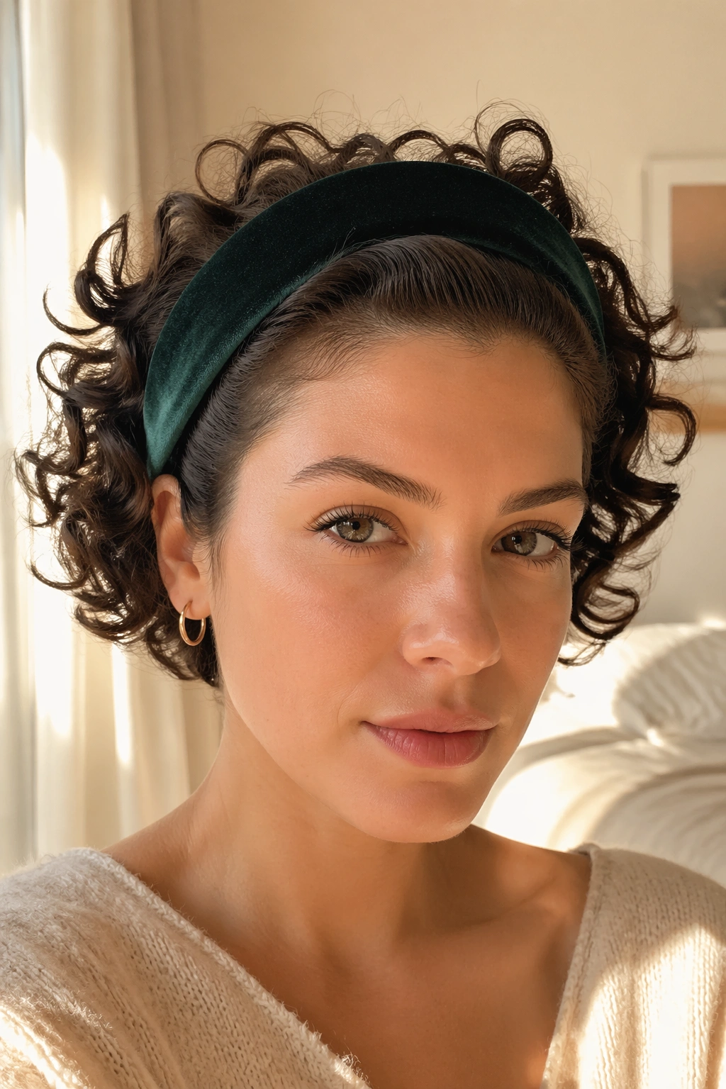Close-up portrait of a real woman with a wide velvet headband and tucked curls.