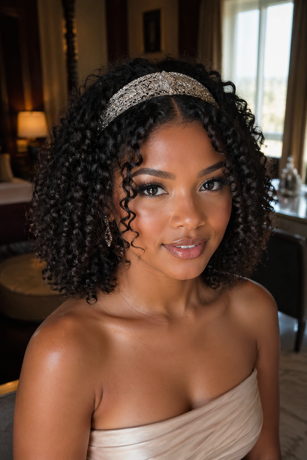 Close-up of a real woman wearing a sleek metallic headband with natural curls