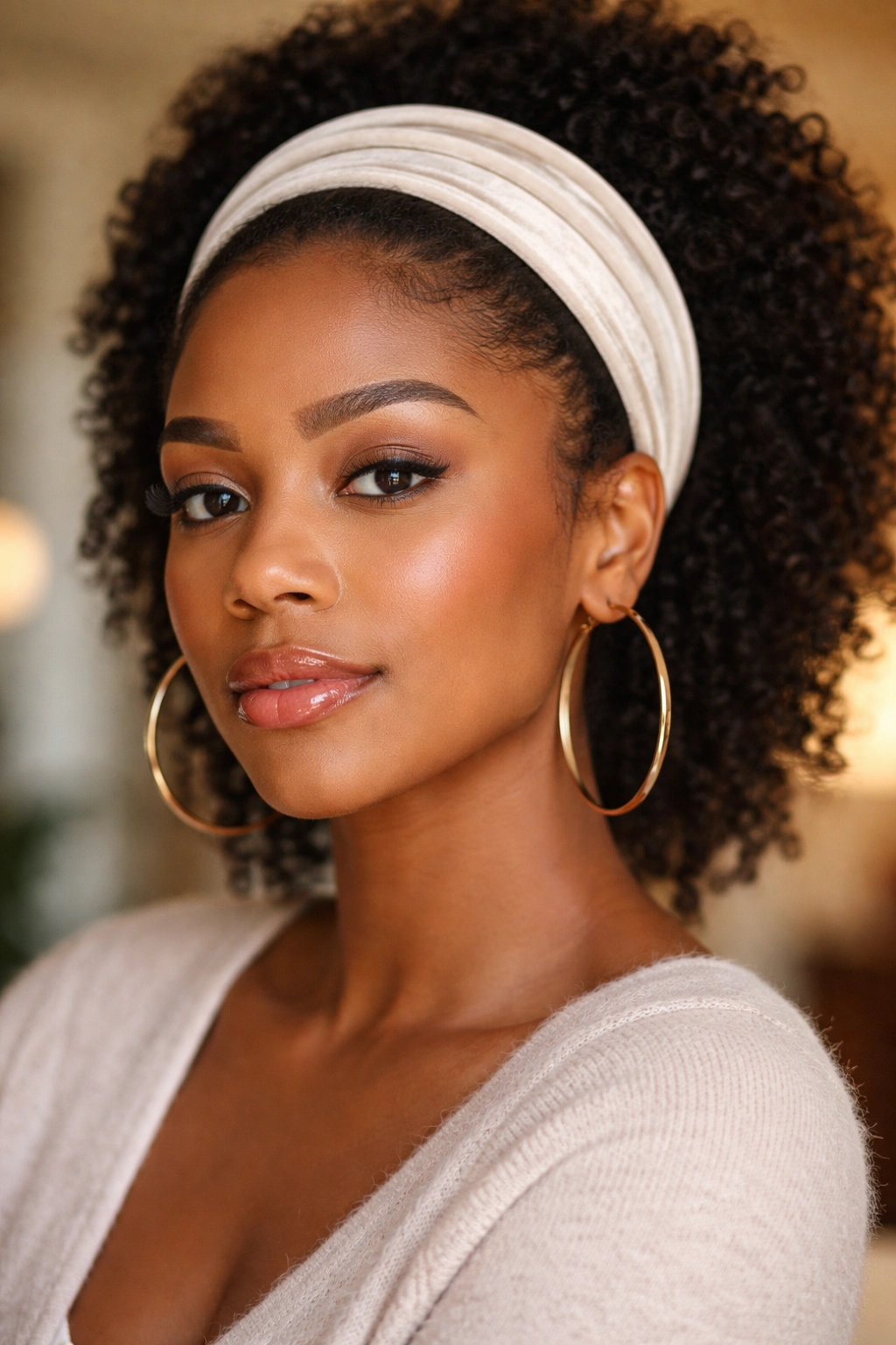 Close-up of real person wearing cream velvet headband with large gold hoops.