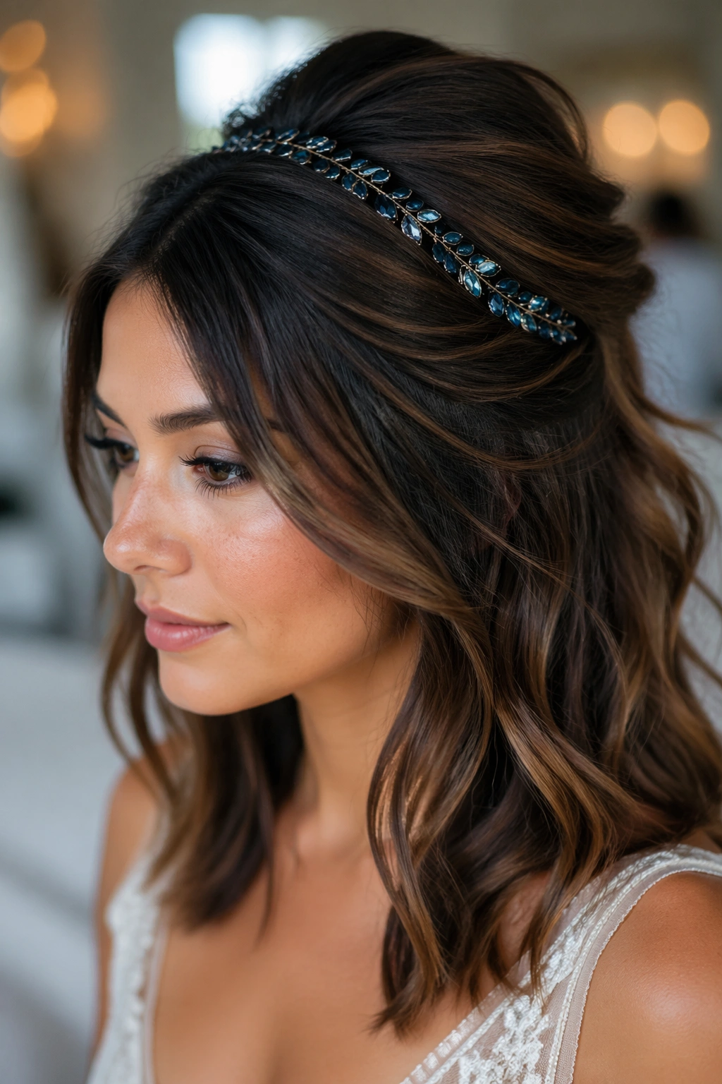 Close-up of real woman wearing a built-in-looking headband with layered wedding hair