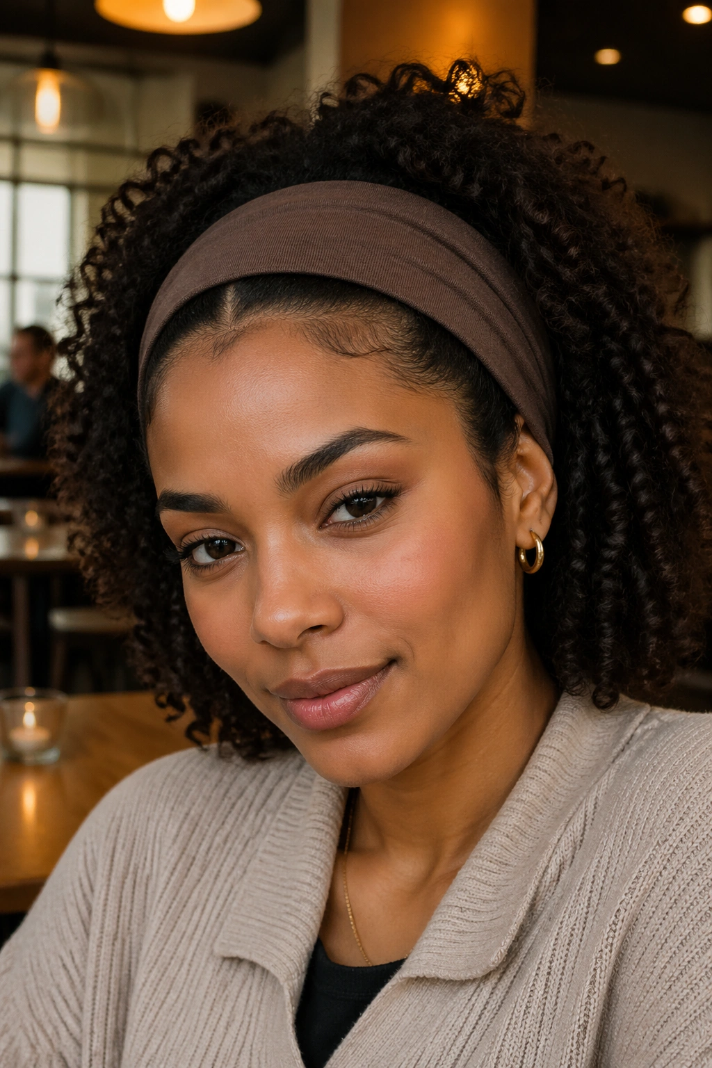 Close-up of a real woman wearing a wide headband with curls pushed back