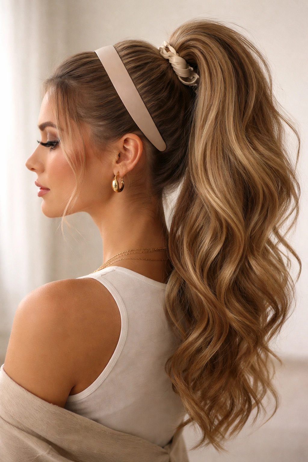 High ponytail with headband behind hairline and claw clip at the base
