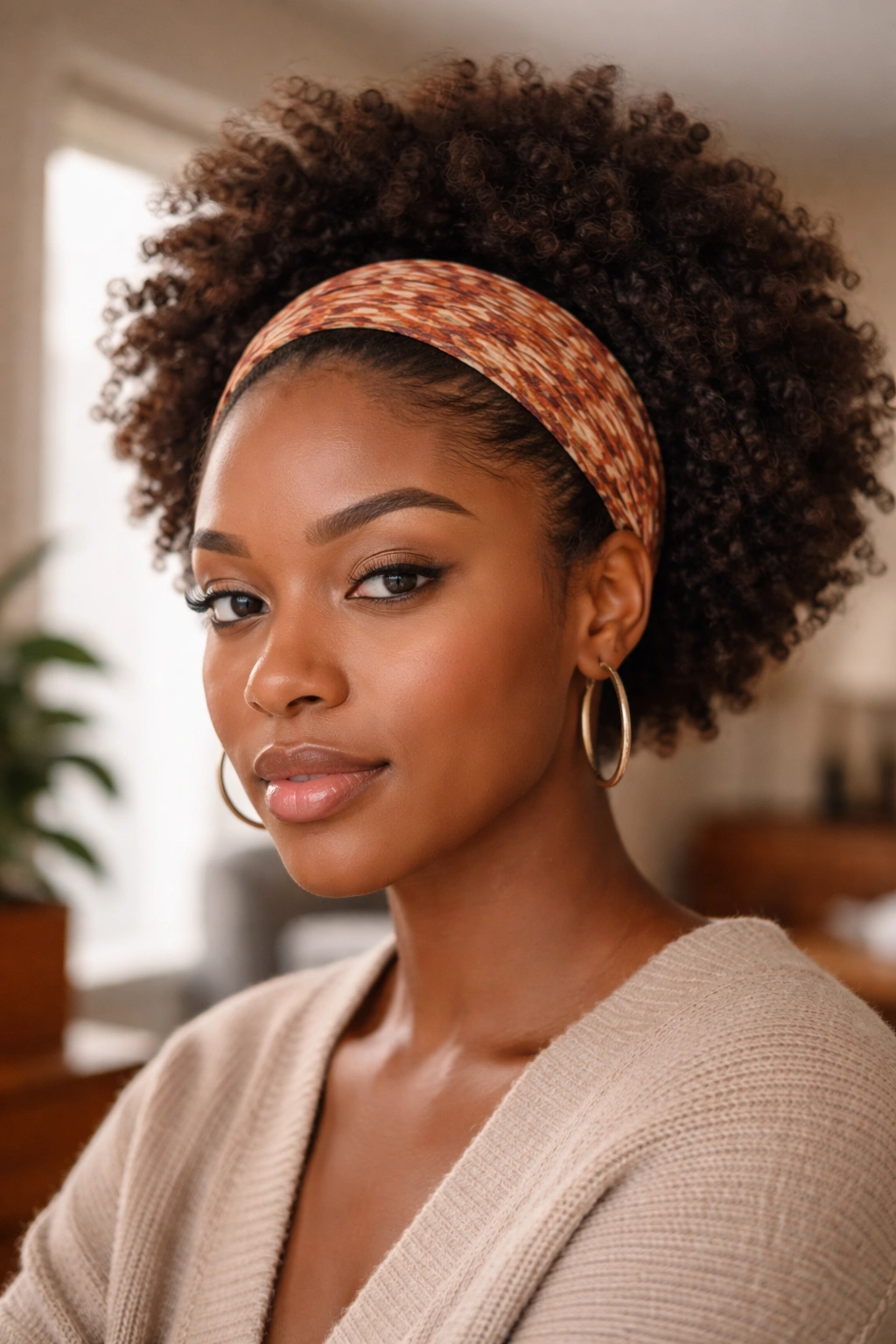 Close-up of a real woman wearing a headband correctly placed behind the hairline to stay put.