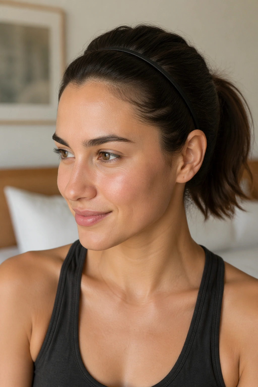 Real woman with headband ponytail smooth front and ponytail