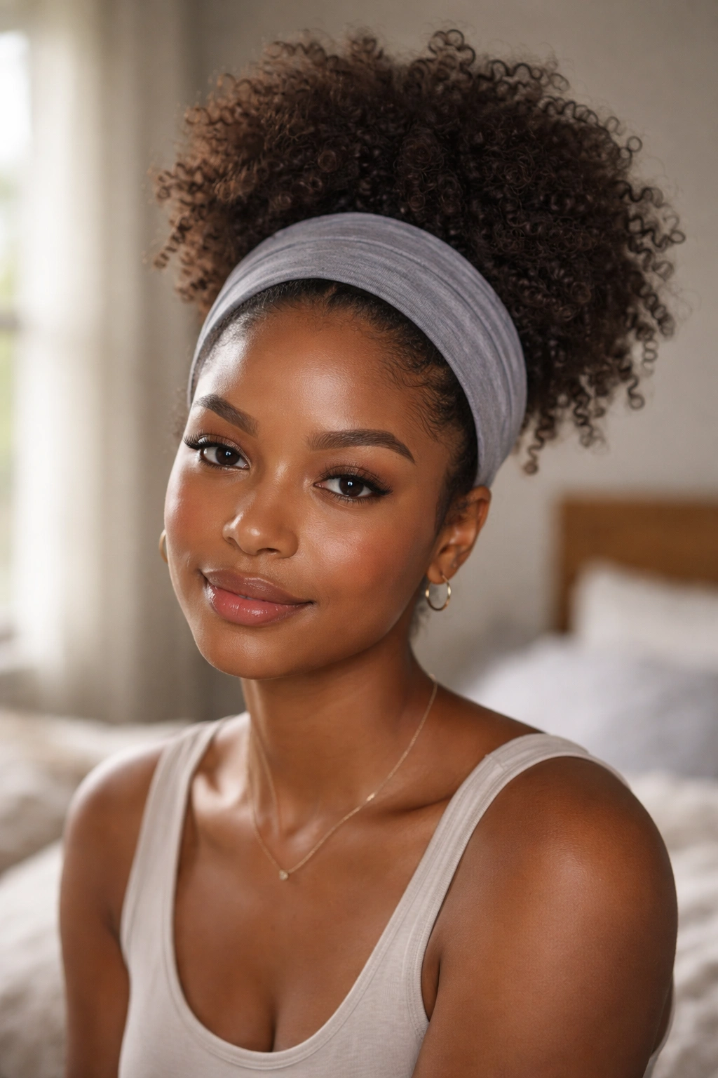 Close-up portrait of a real woman wearing a headband that creates a visible puff on top