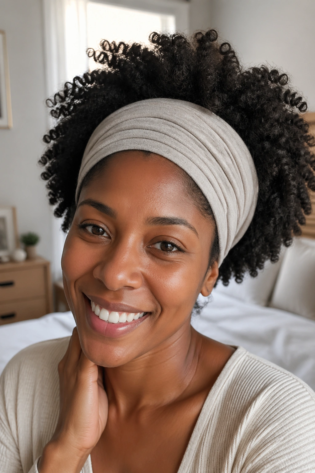 Close-up of a real woman wearing a wide headband with fluffy hair above and below