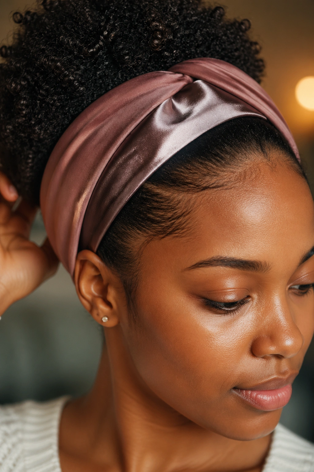 Close-up of satin-lined headband texture on Afro hair.