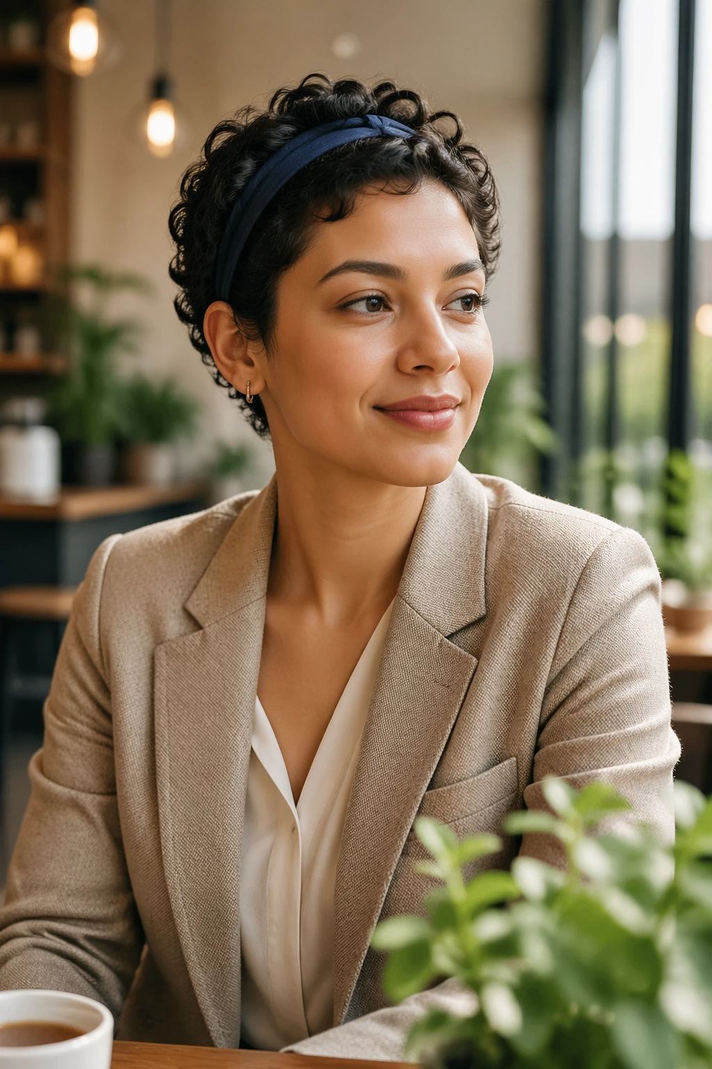 Headband style on short curls in a sunlit cafe.