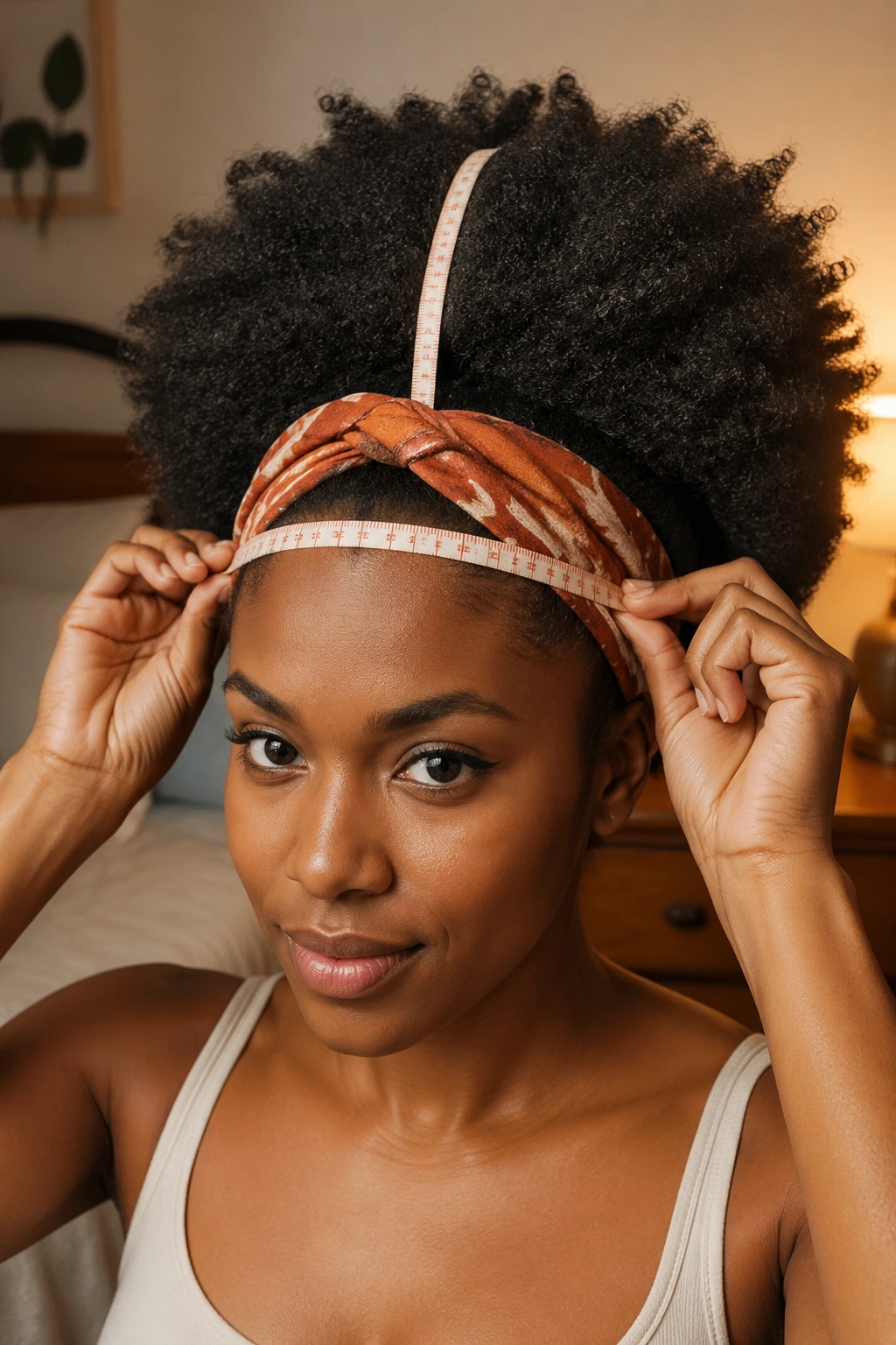 Close-up of a headband being sized with a measuring tape on Afro hair.
