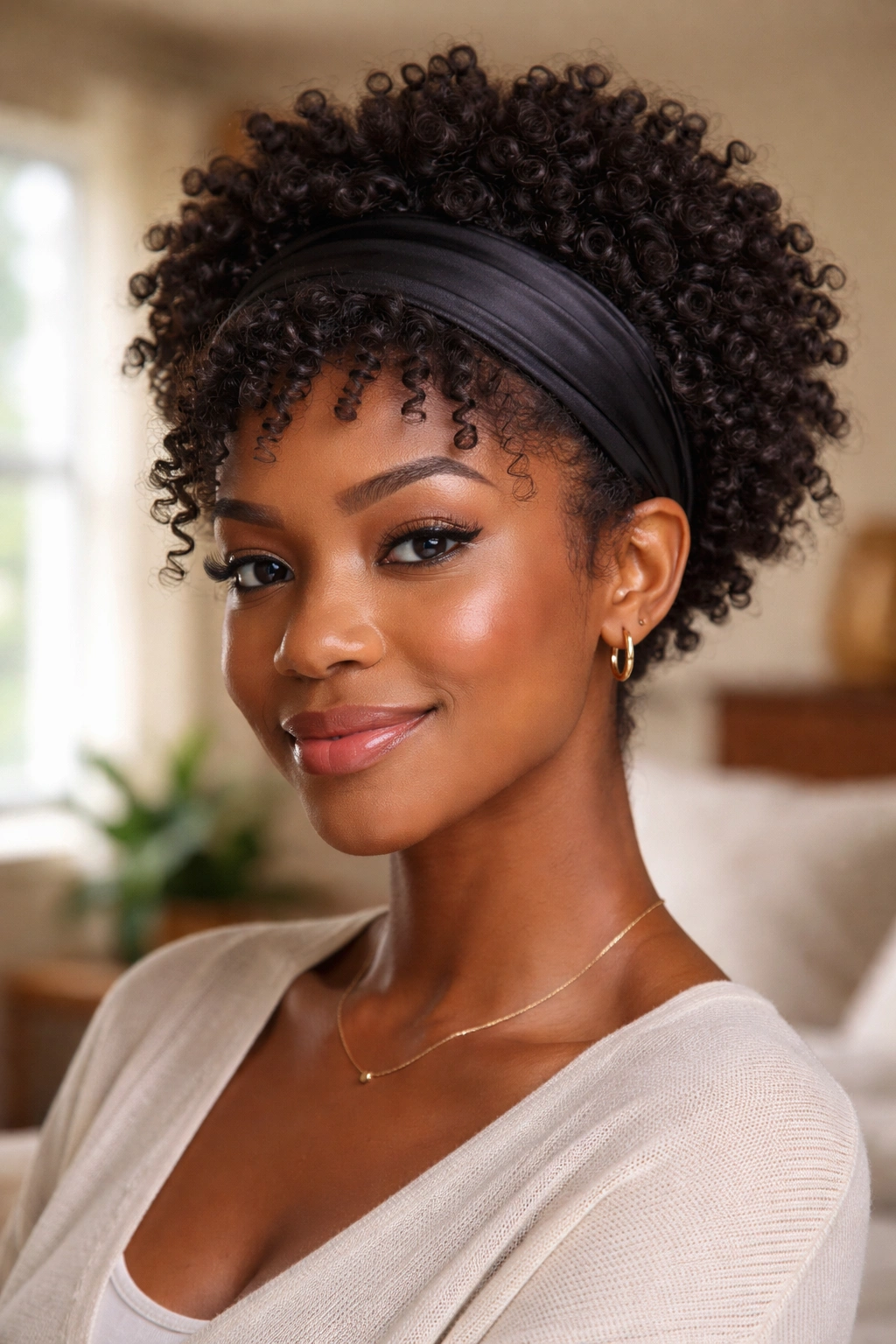Woman with wide satin headband and uniform sponge curls escaping at temples.