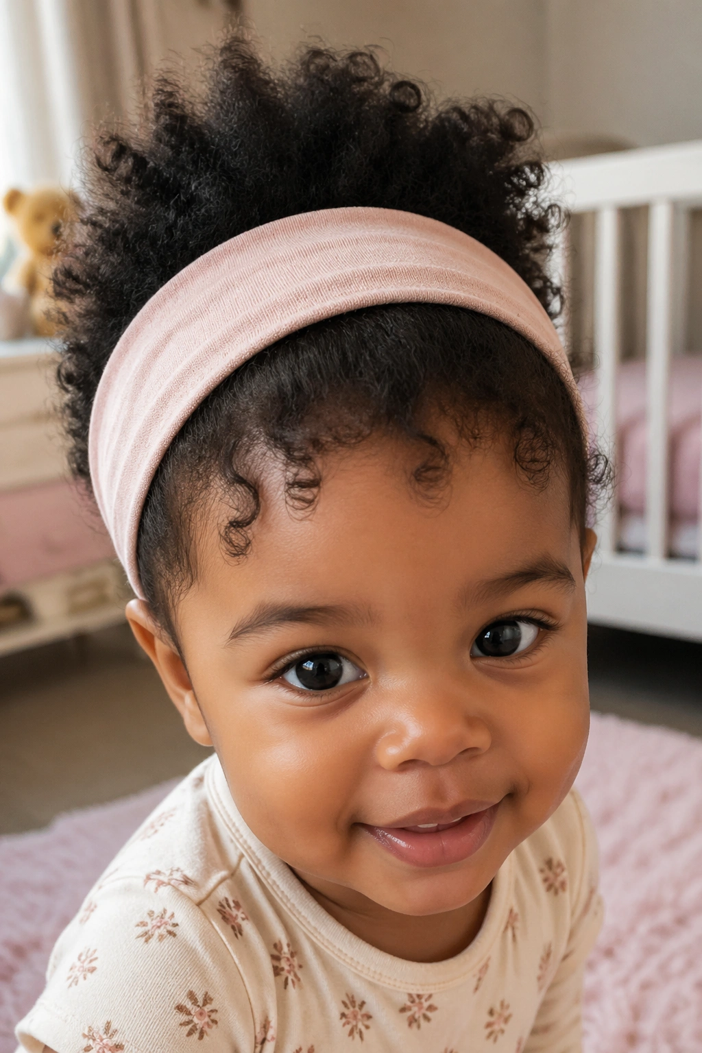 Toddler head with wide fabric headband and forward-falling baby hairs