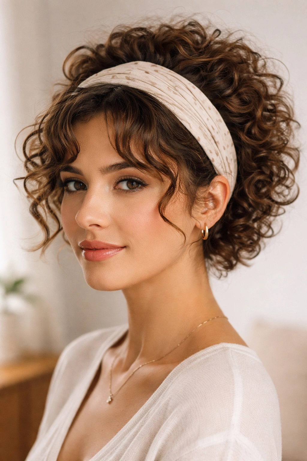 Close-up of short curly hair with headband tuck creating halo at crown