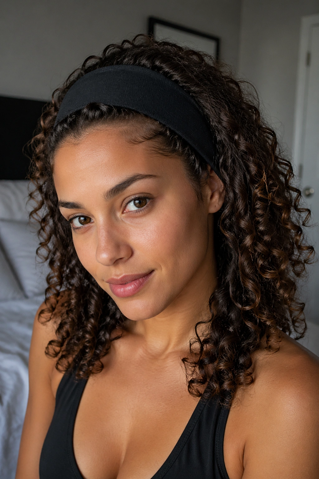 Close up of a real woman with a headband tuck hairstyle