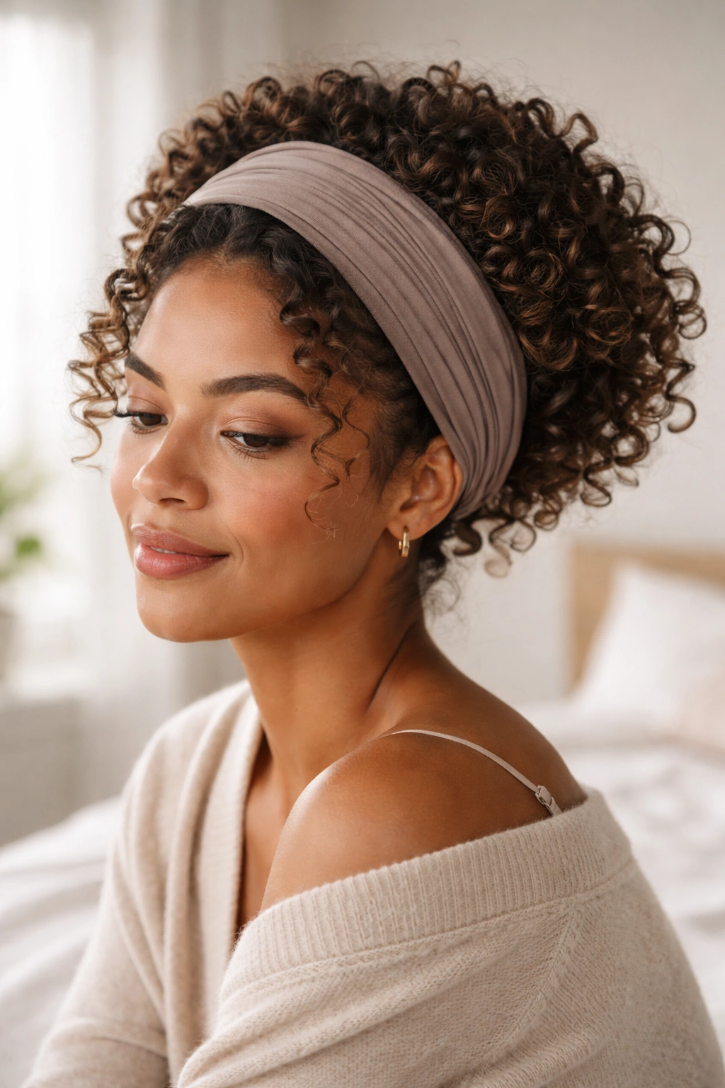 Close-up of a real woman with headband tucked curls