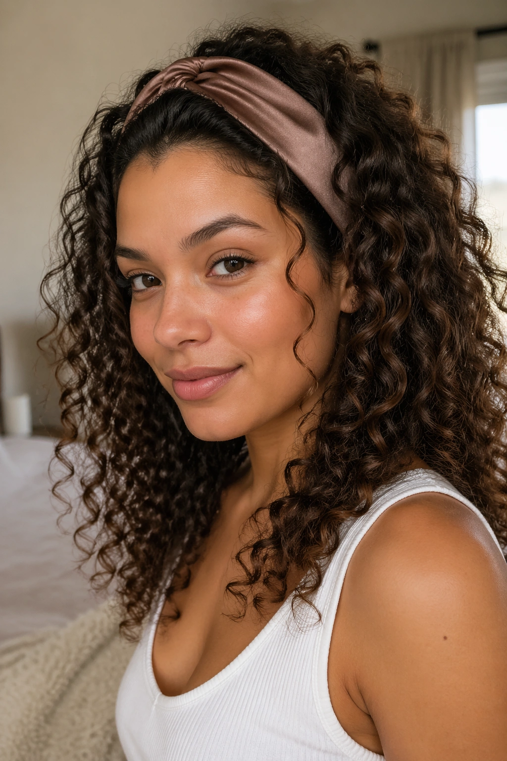 Close-up of a real woman wearing a satin-lined headband with tucked front curls