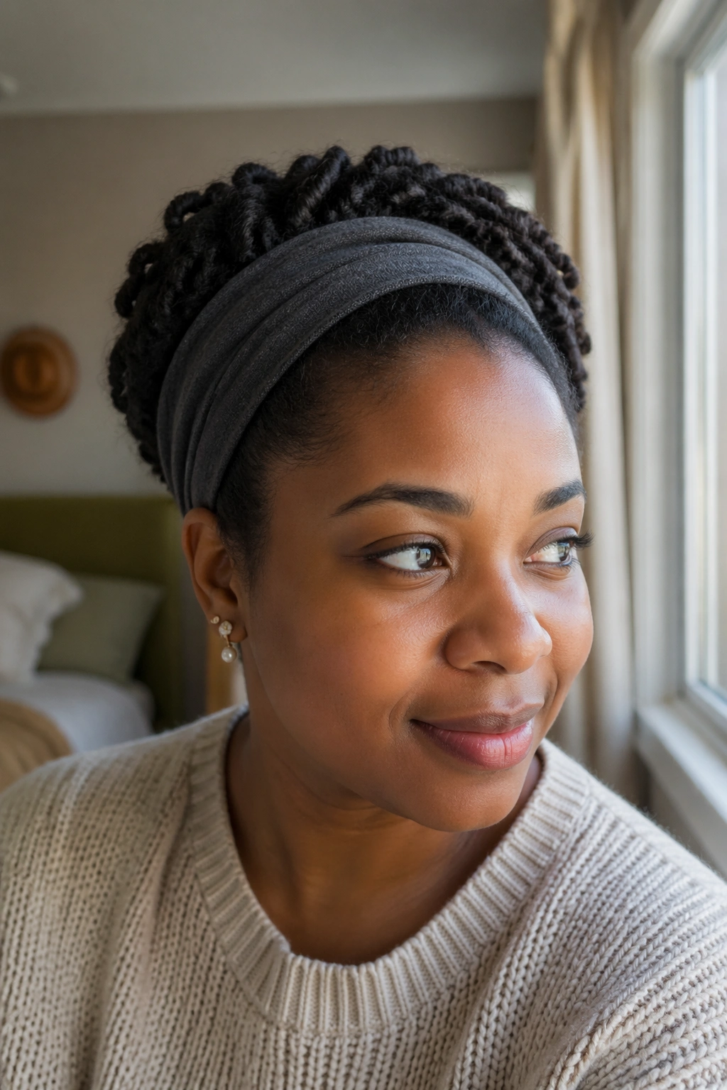Real woman with a headband tuck showing rolled curls