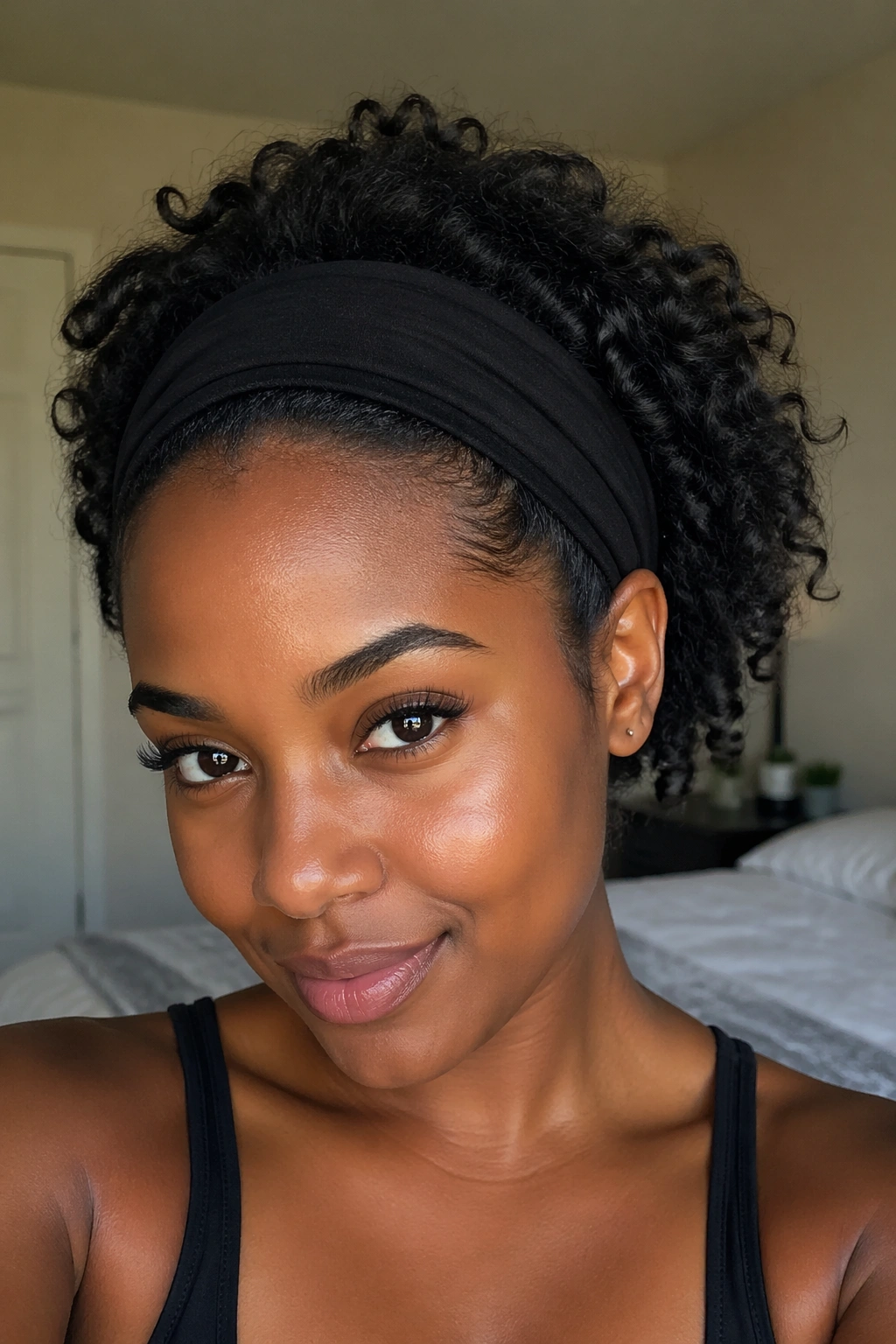 Close-up of a real Black woman with a headband tuck and loose curls