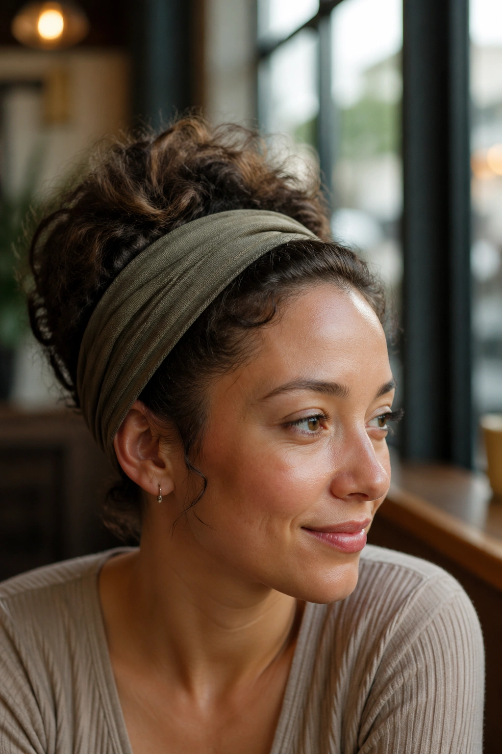 Close-up of a real woman with a wide fabric headband and tucked curls secured by hidden pins