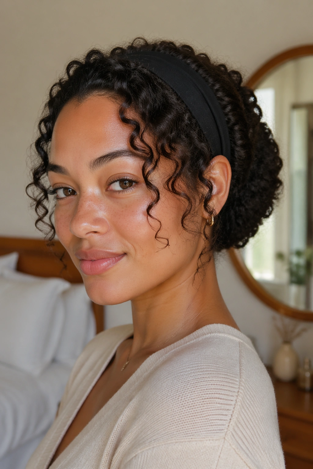 Close-up of a real woman wearing a headband tuck hairstyle with a tucked halo and curled edges.