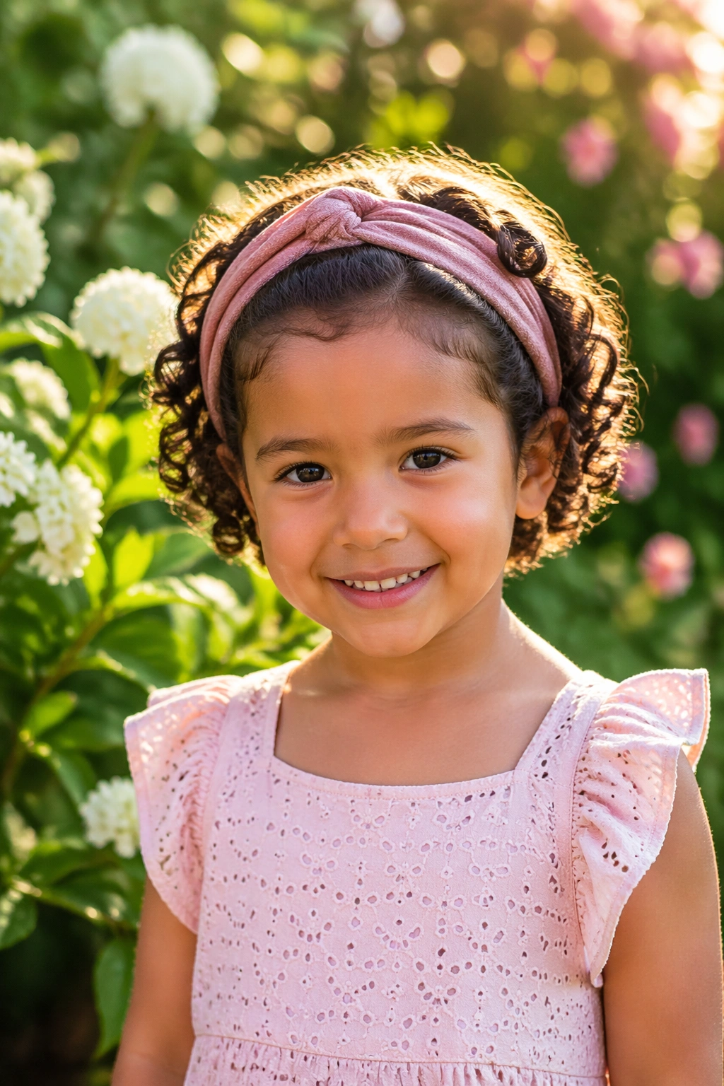 Girl wearing headband tuck in sunlit garden.