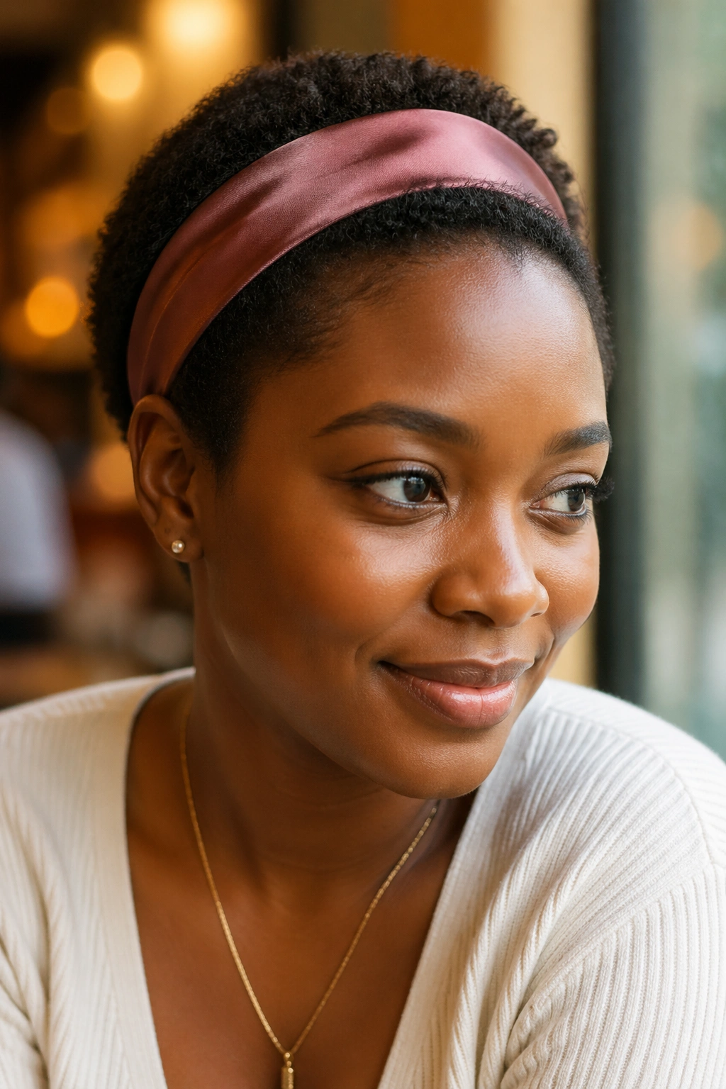 Close-up of woman wearing thick satin headband with short 4C afro