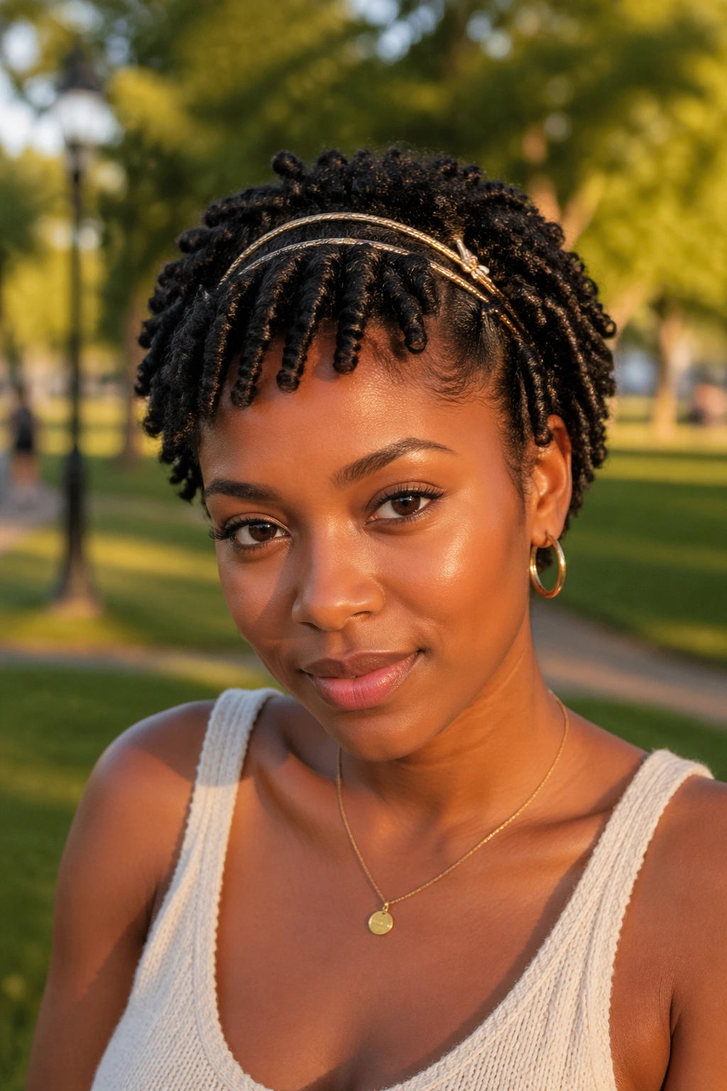 Hero shot of twist-out with headbands and pins in park light.