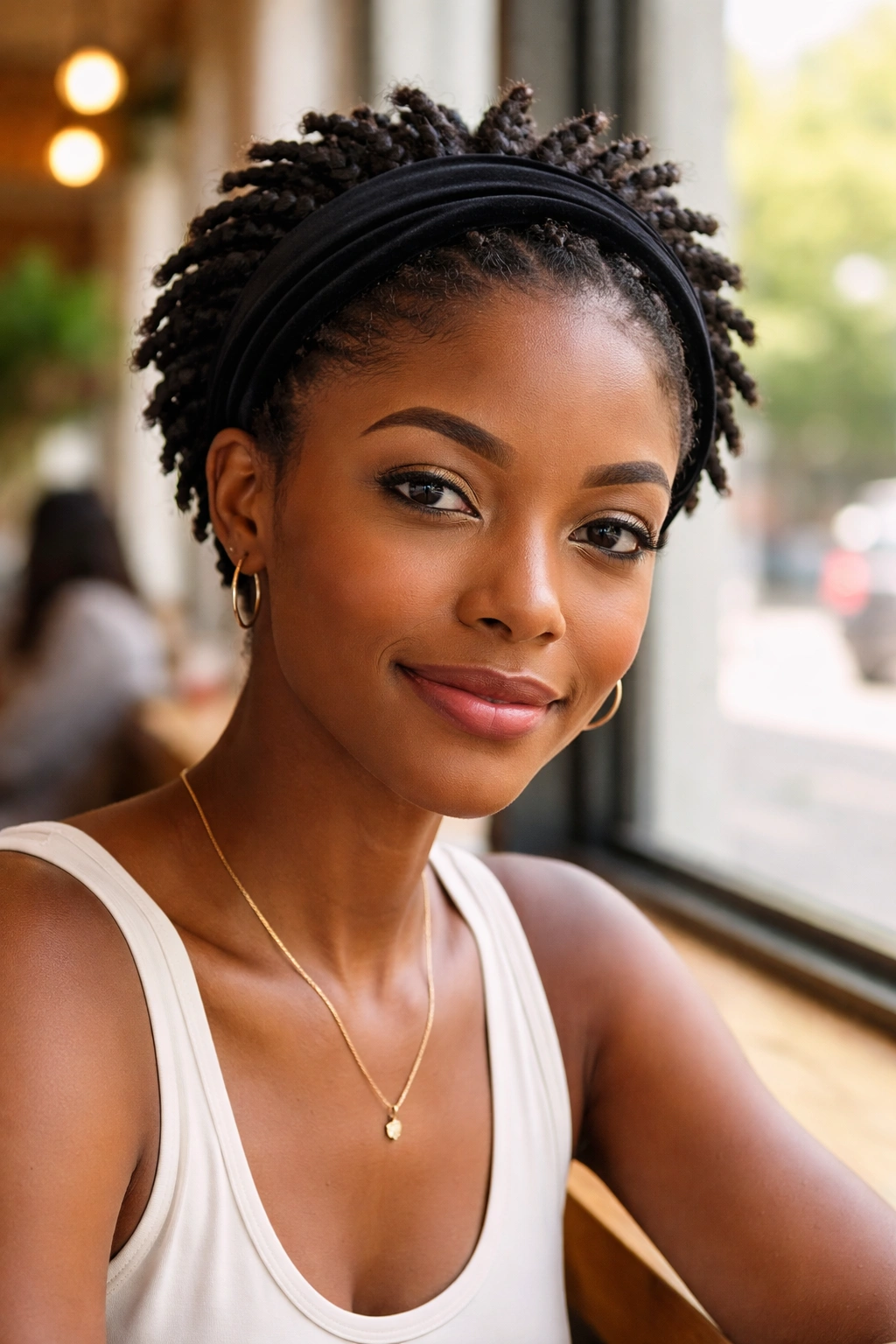 Real woman with twists and thick headband across front in a cafe setting