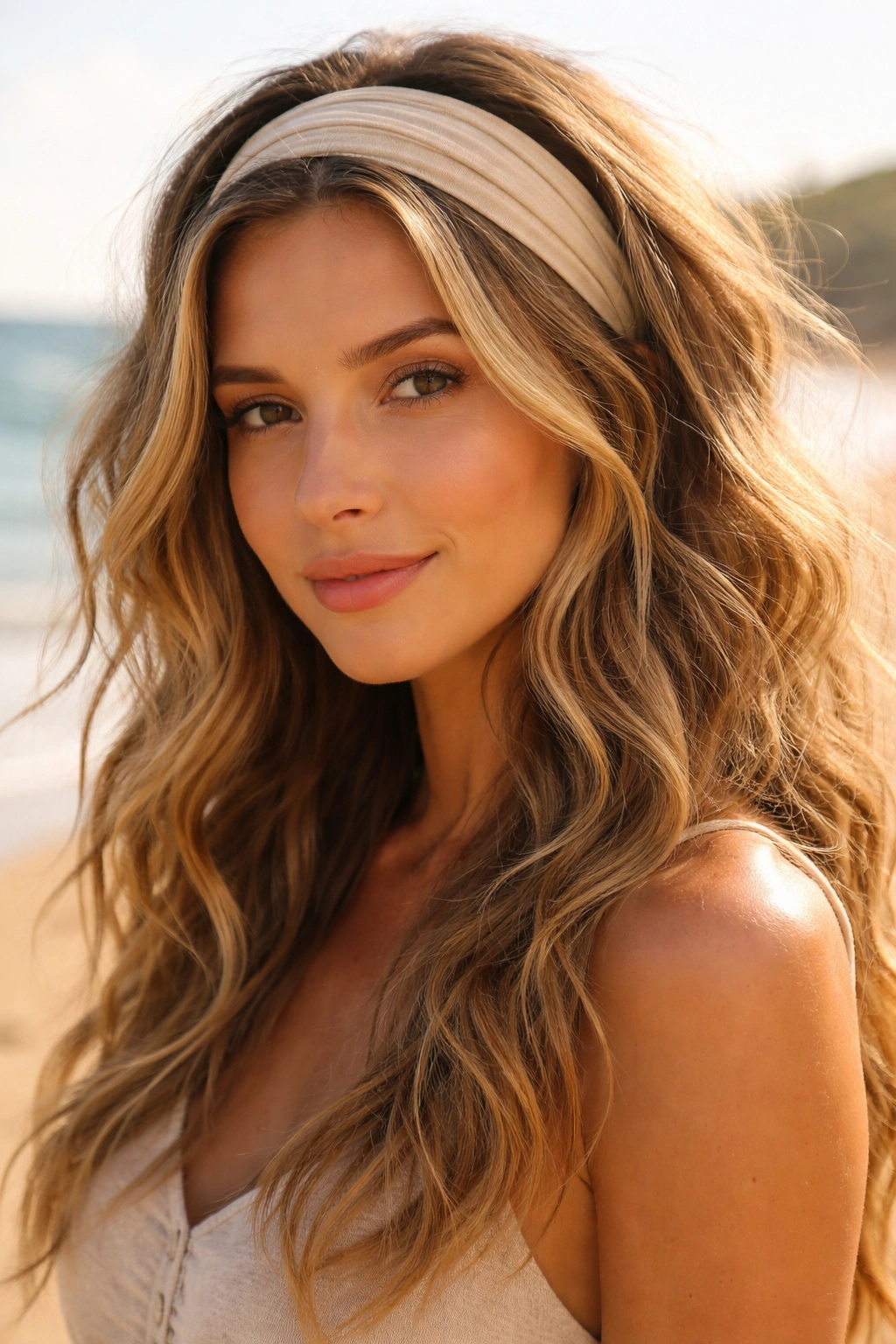 Close-up portrait of a real woman with headband and tucked waves on a beach