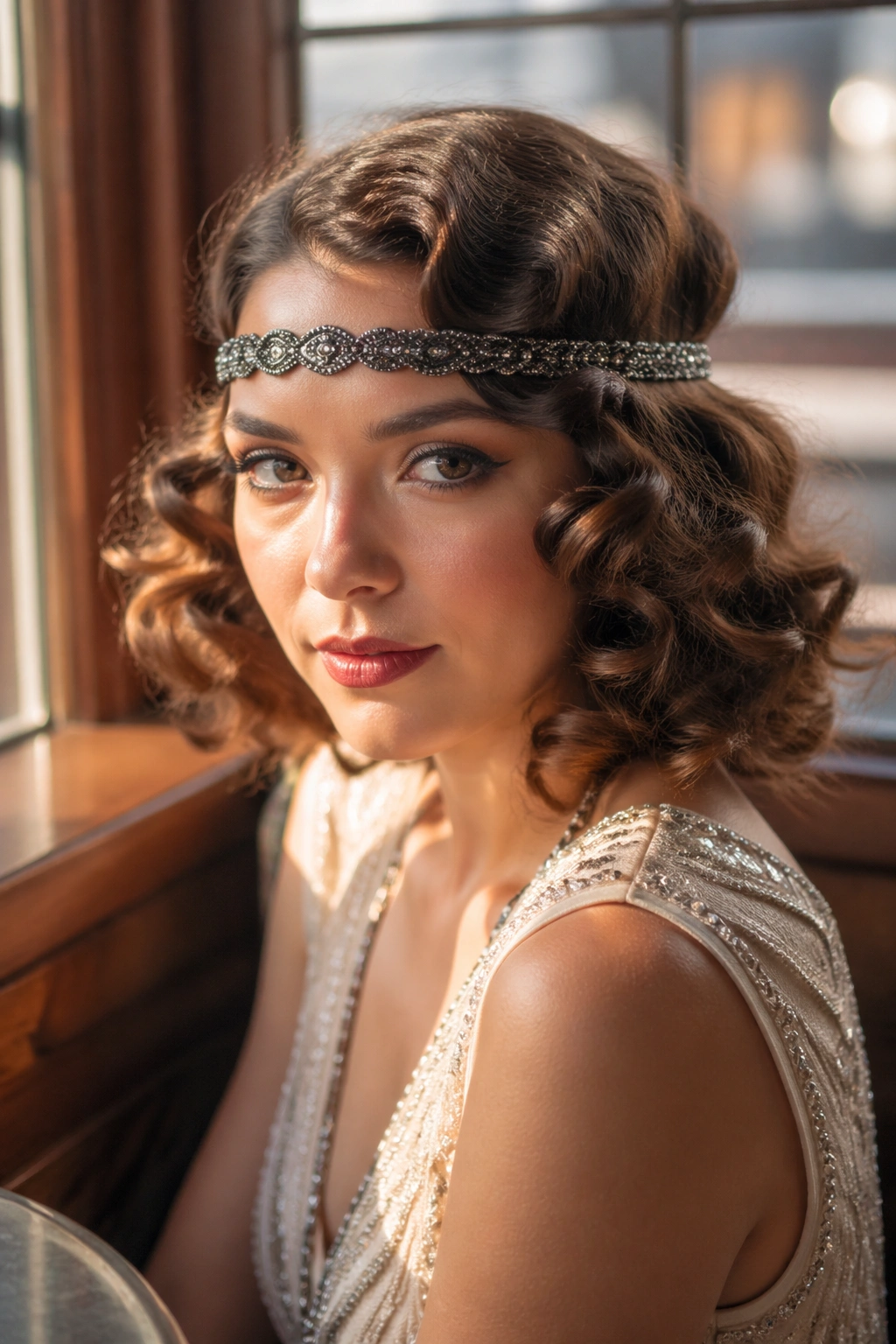 Three-quarter portrait of a woman with headband waves on shoulder-length curls