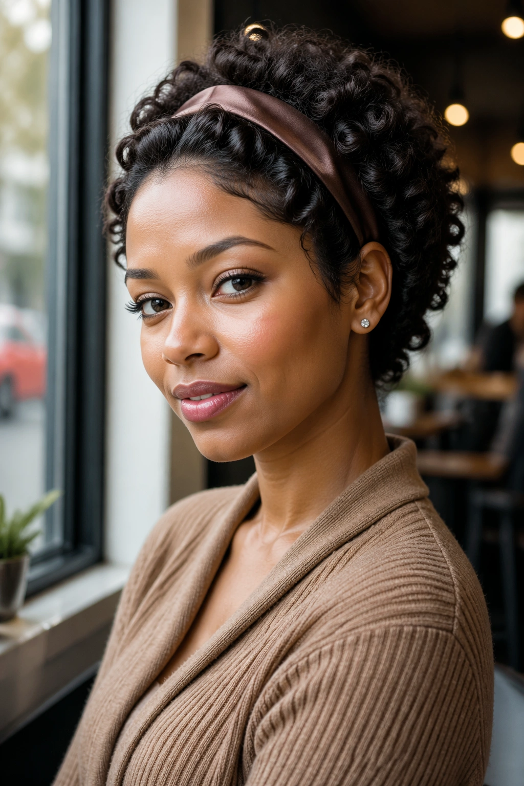 Close-up of a real woman wearing a short curly wig with a slim satin headband across the crown.