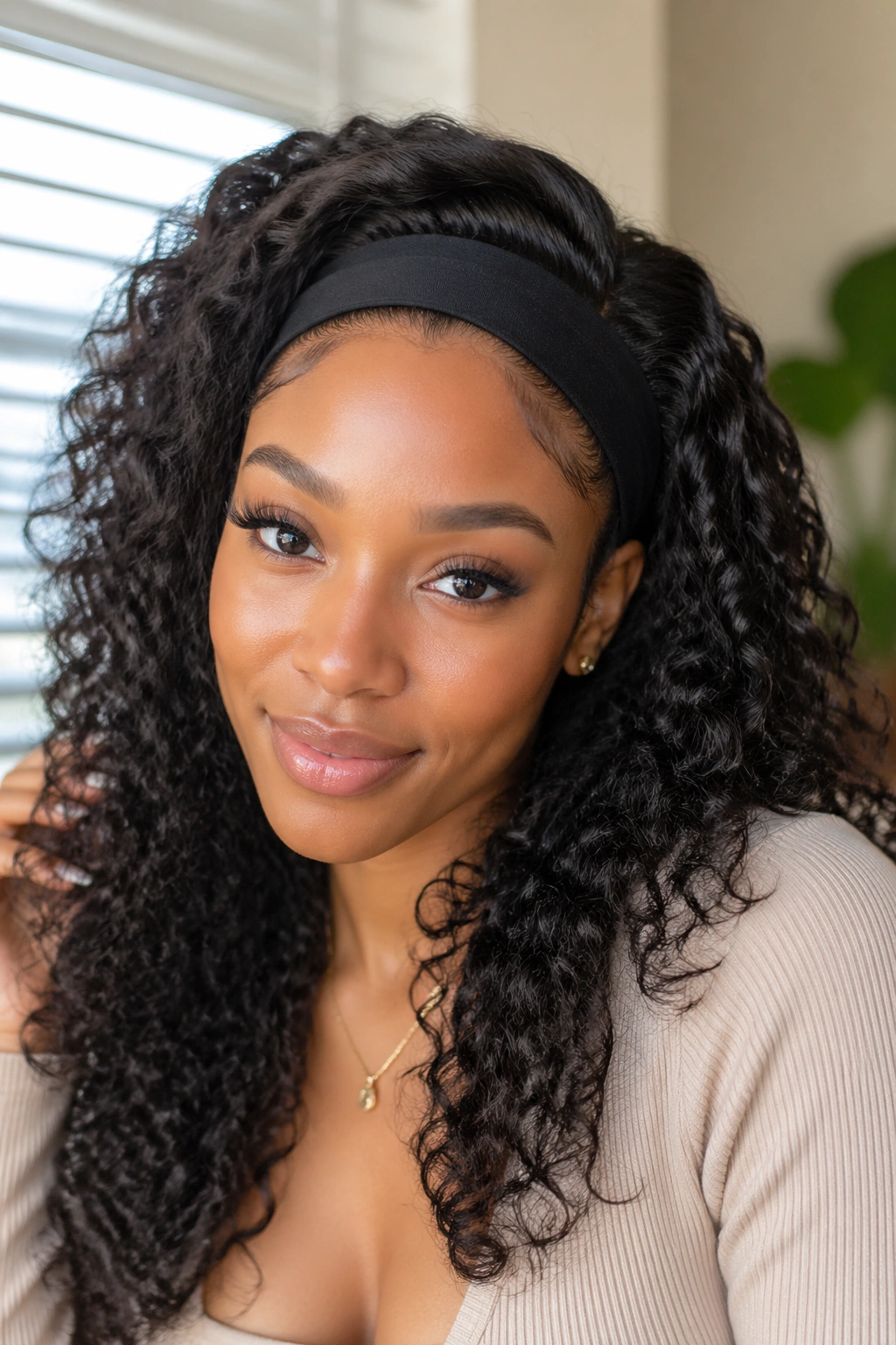 Close-up portrait of a real person wearing a headband wig with visible hairline