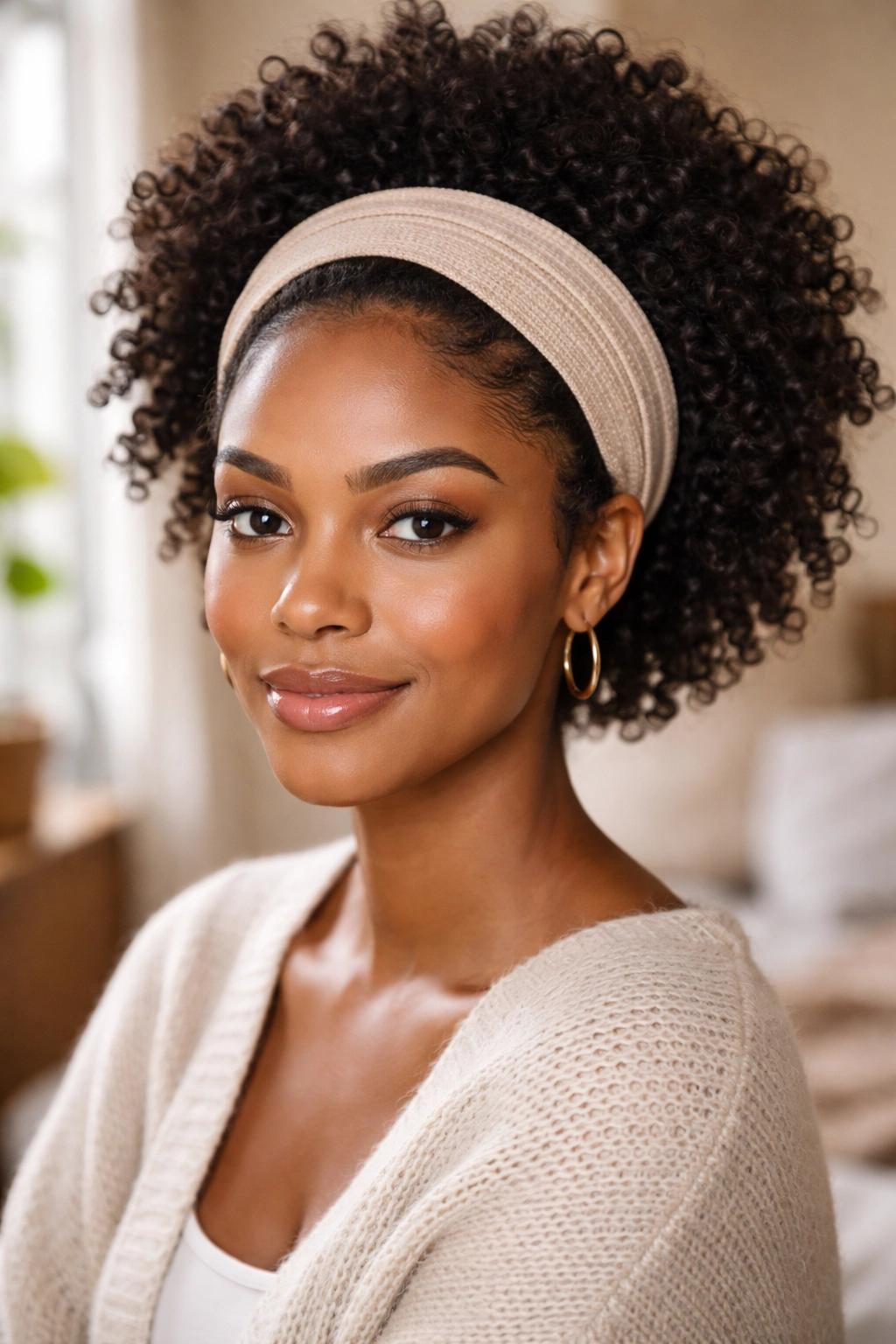 Close-up of a real Black woman wearing a headband with curls visible in a sunlit bedroom.