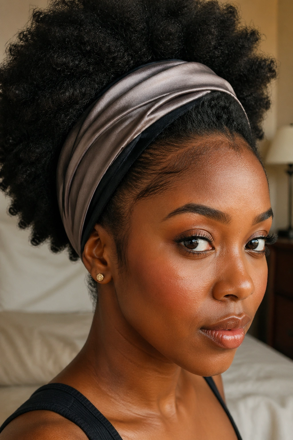 Close-up portrait of a woman wearing a satin-lined headband on Afro-textured hair.