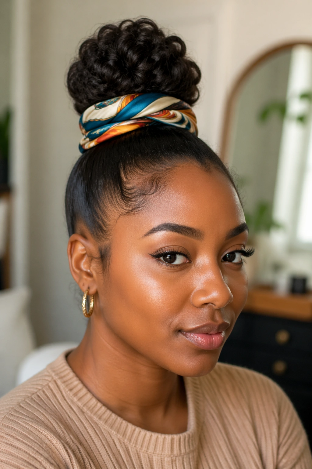 Close-up of a headscarf-wrapped bun on a real person