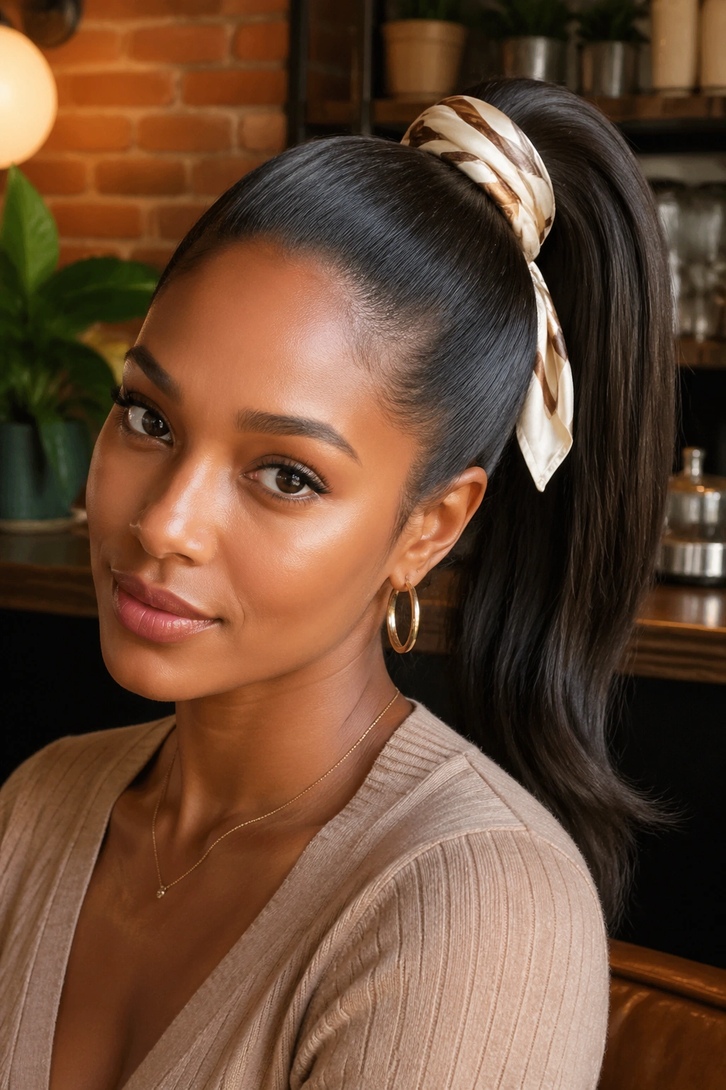 Close-up of a real woman with a silk scarf wrapped ponytail