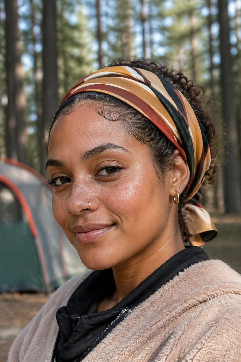 Portrait of a real person wearing a headscarf tuck at a campsite.