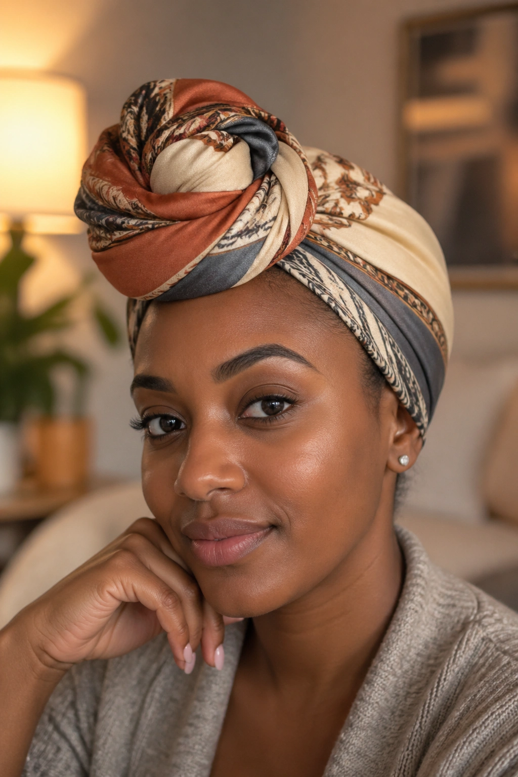 Close-up of a real woman wearing a headscarf turban protective style