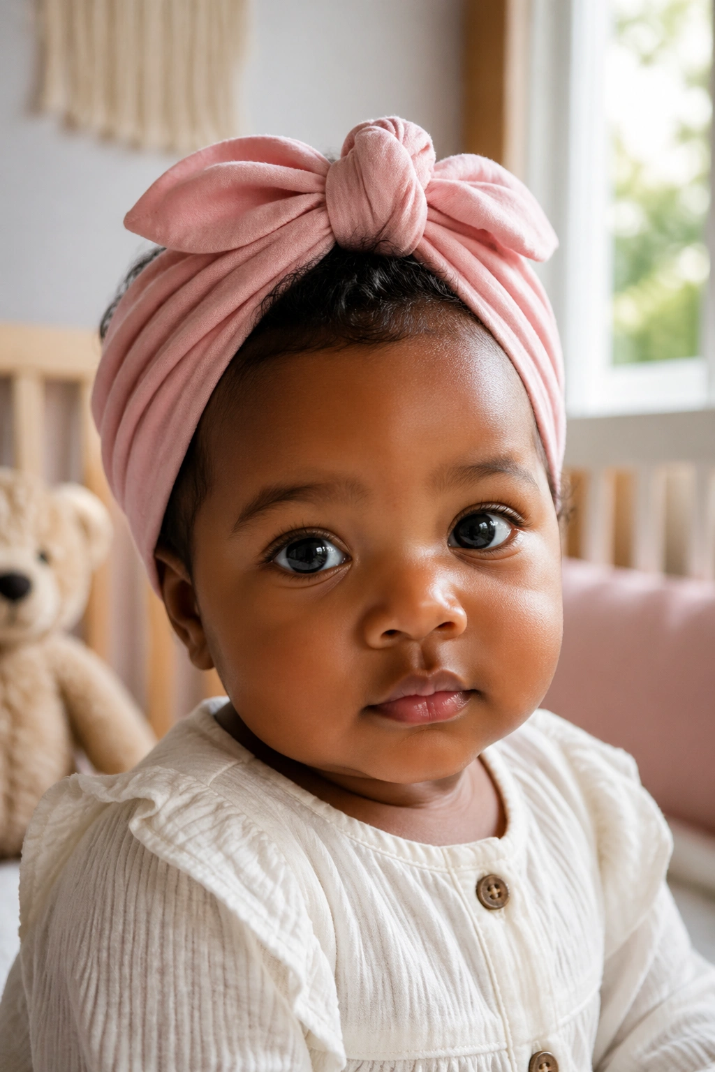 Close-up of a baby wearing a warm headwrap in a cozy nursery