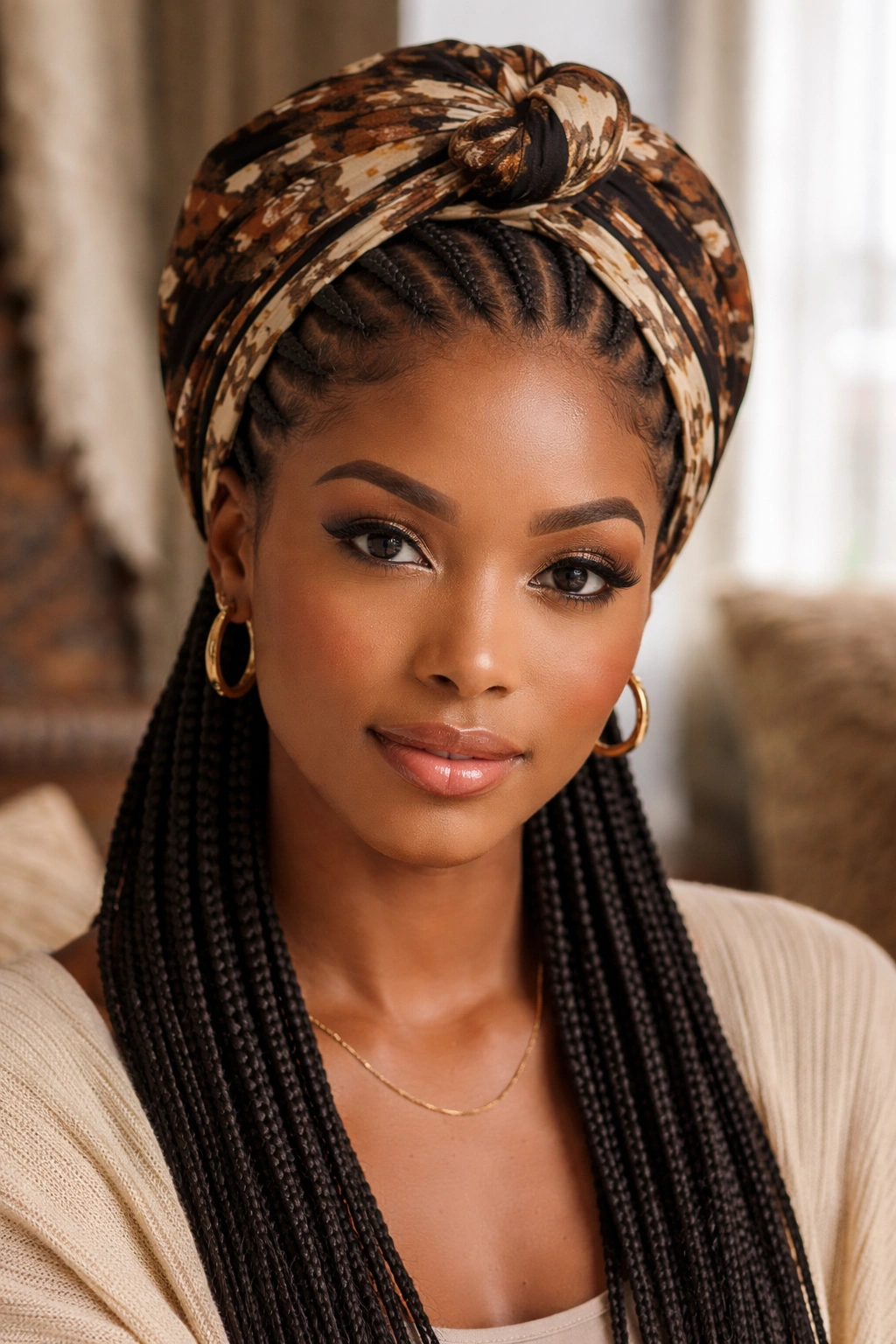 Portrait of a real person wearing a headwrap with straight back cornrows tucked inside