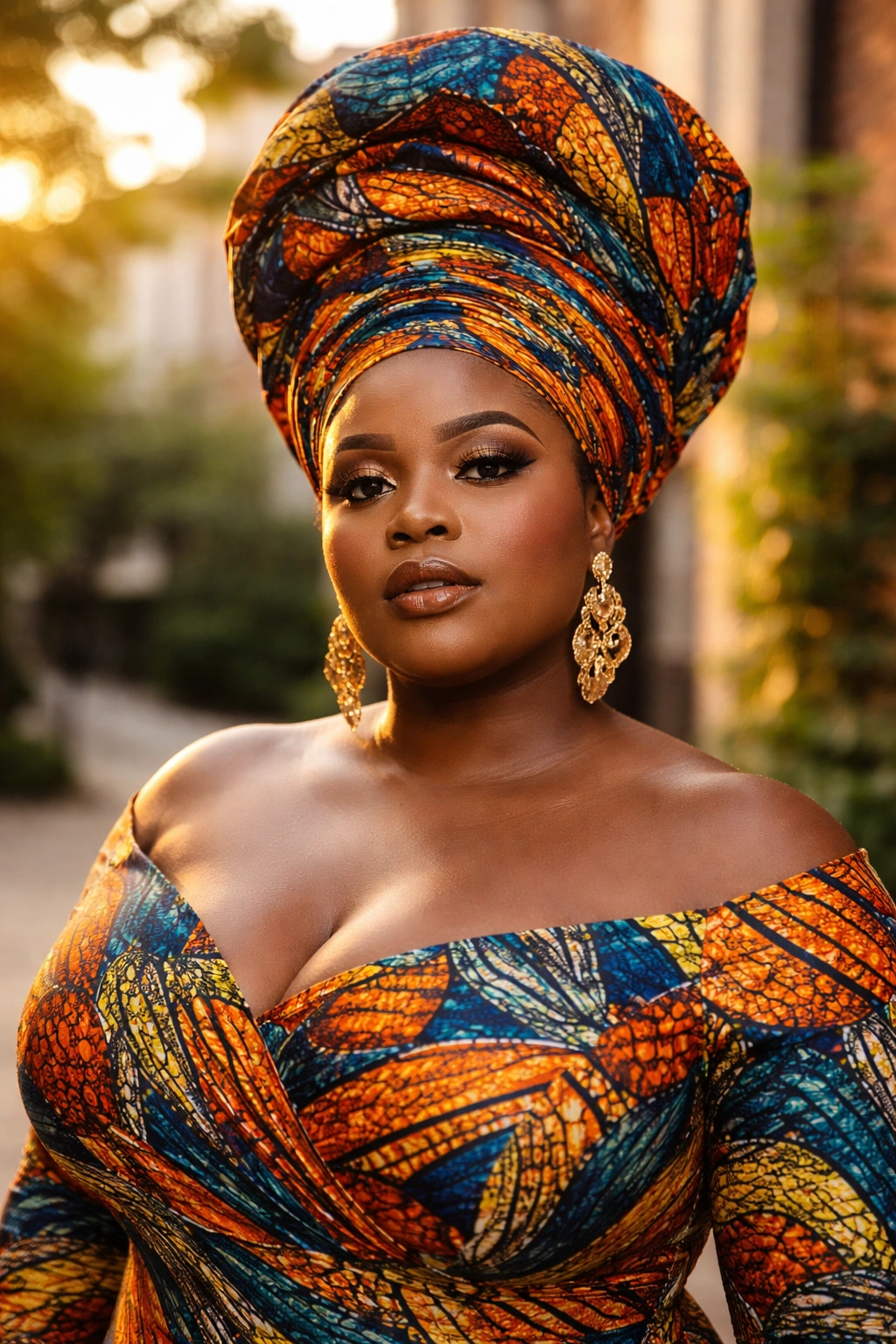 Plus-size woman wearing a tall gele headwrap with coordinated outfit in an urban courtyard