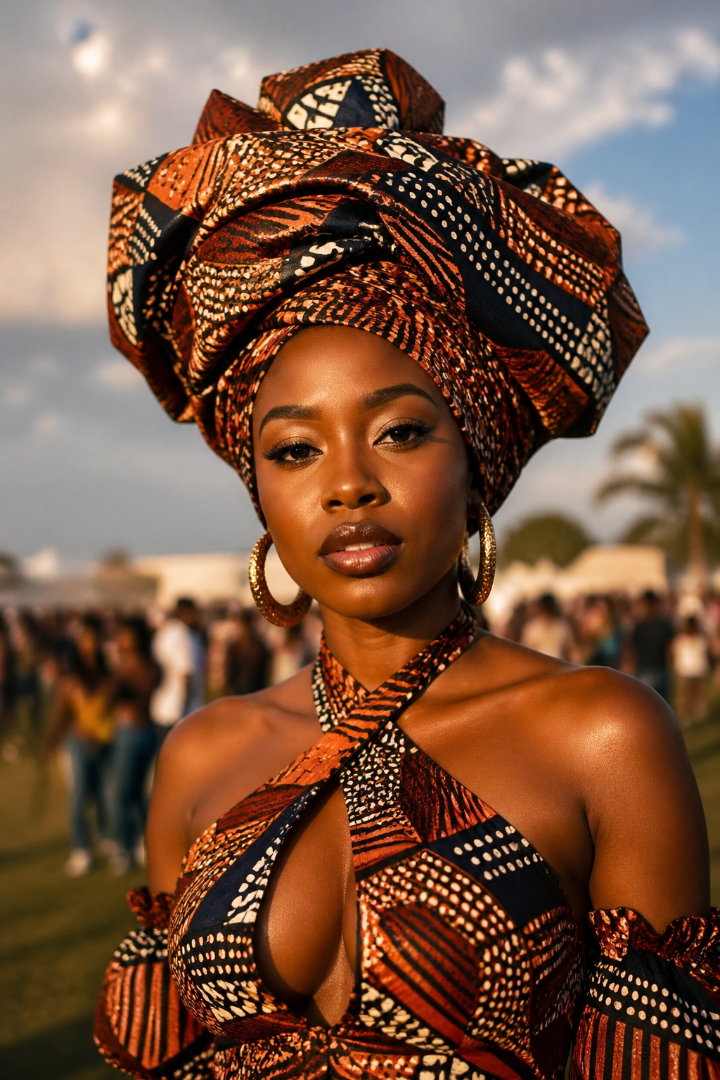 Close-up portrait of a woman wearing a voluminous head wrap with a coordinated matching set in an outdoor festival setting