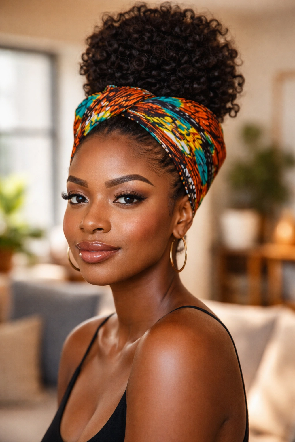Close-up of a Black woman with a bun protruding from a vibrant headwrap