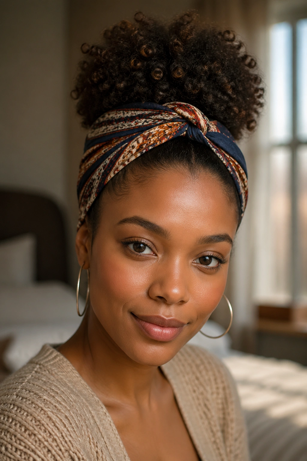 Close-up portrait of a real woman wearing a high puff wrap with scarf at the hairline